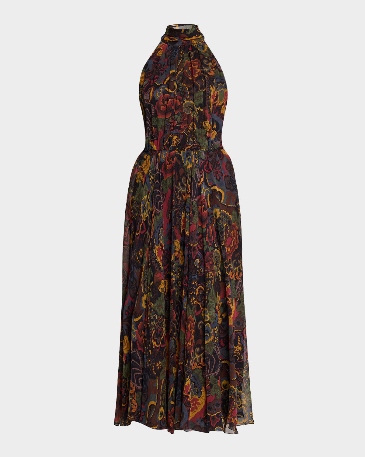Ralph Lauren Kylee Floral Crinkle Chiffon Midi Halter Dress In Brown