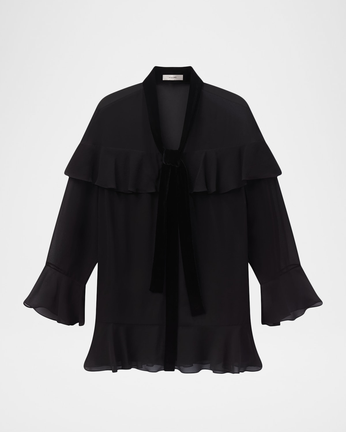 FRAME Silk Long-Sleeve Mini Dress with Velvet Tie