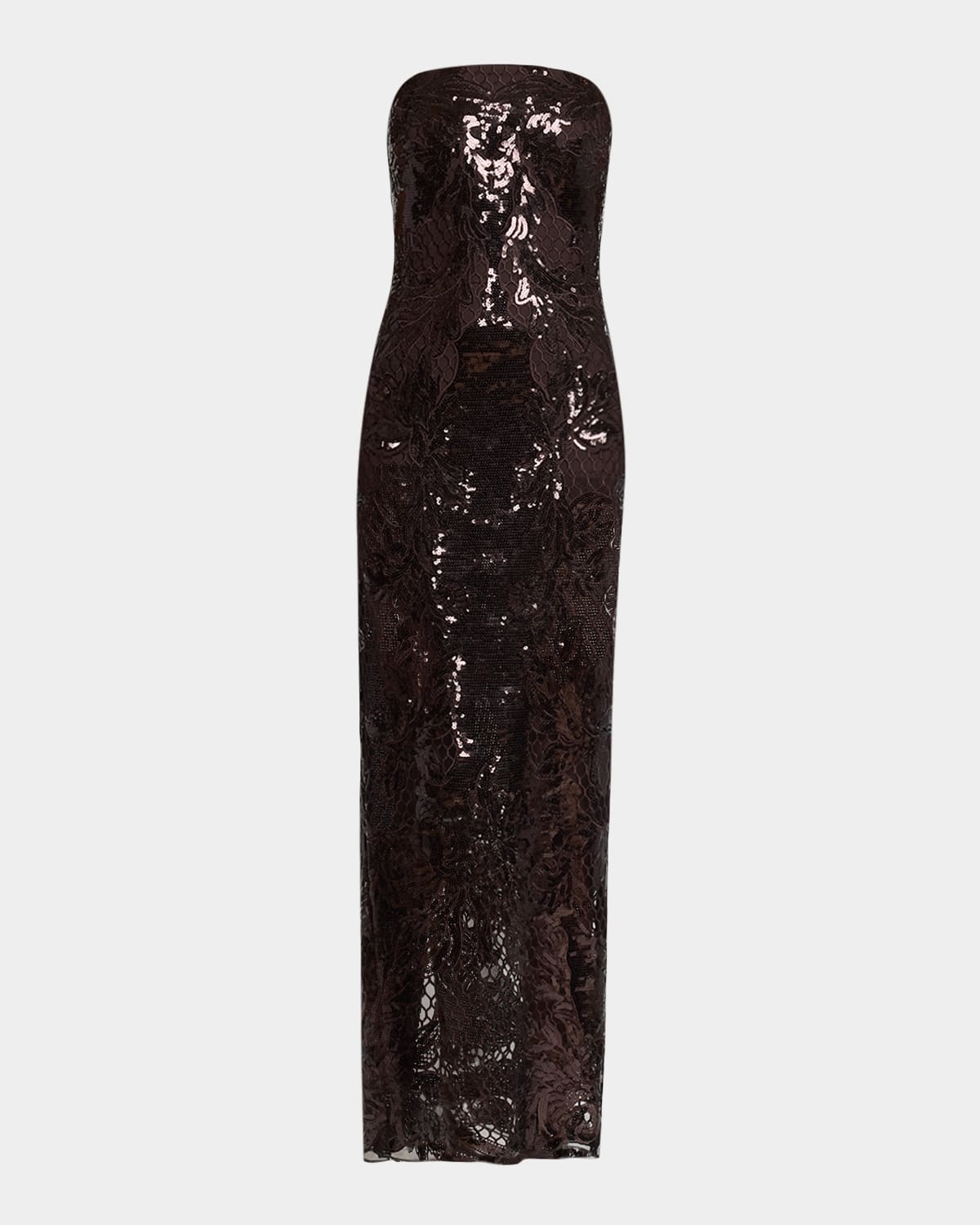 Elie Saab Sequined Lace Strapless Column Gown In Brown