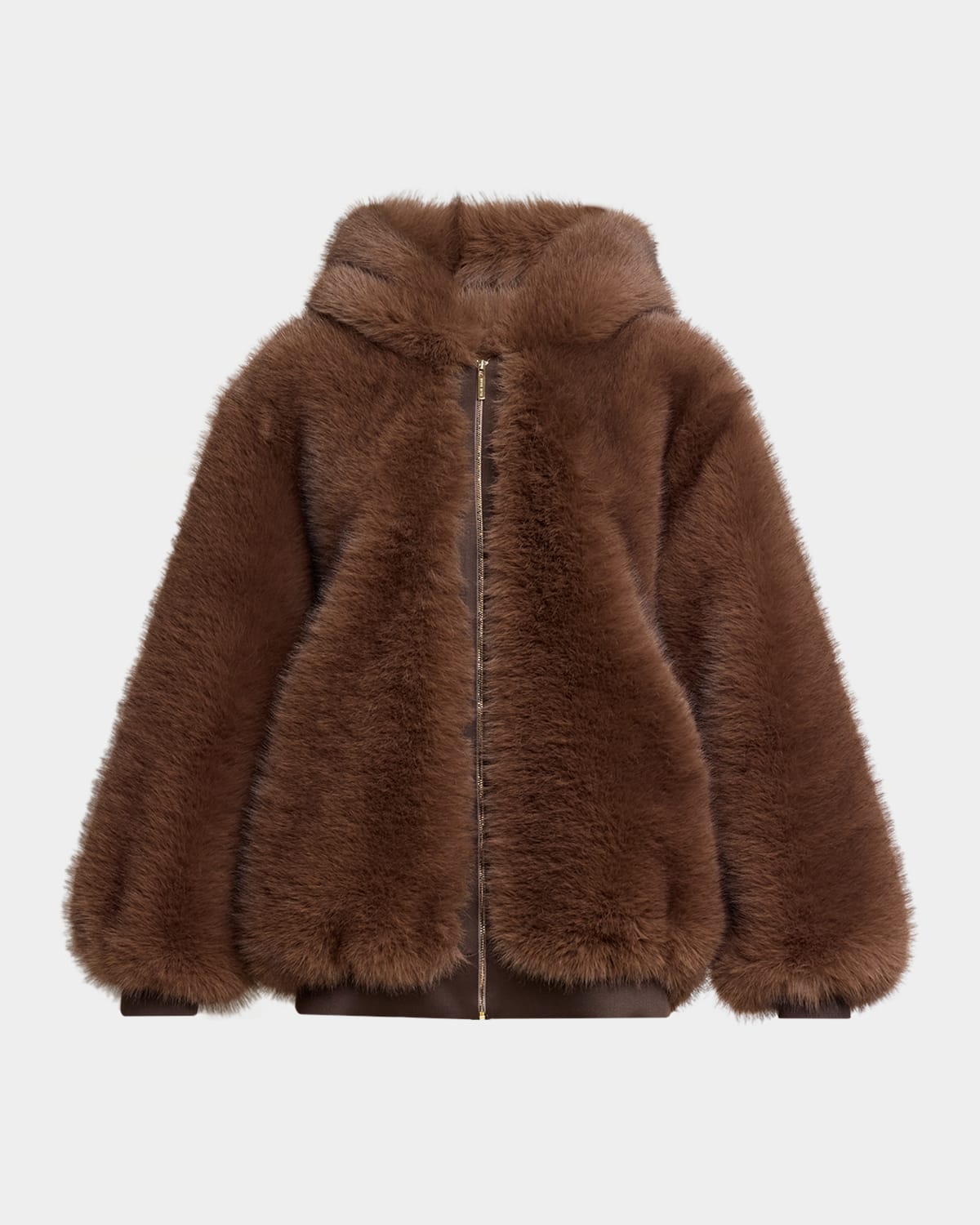 Elie Saab Lamb Shearling Hooded Oversized Zip Jacket In Brown