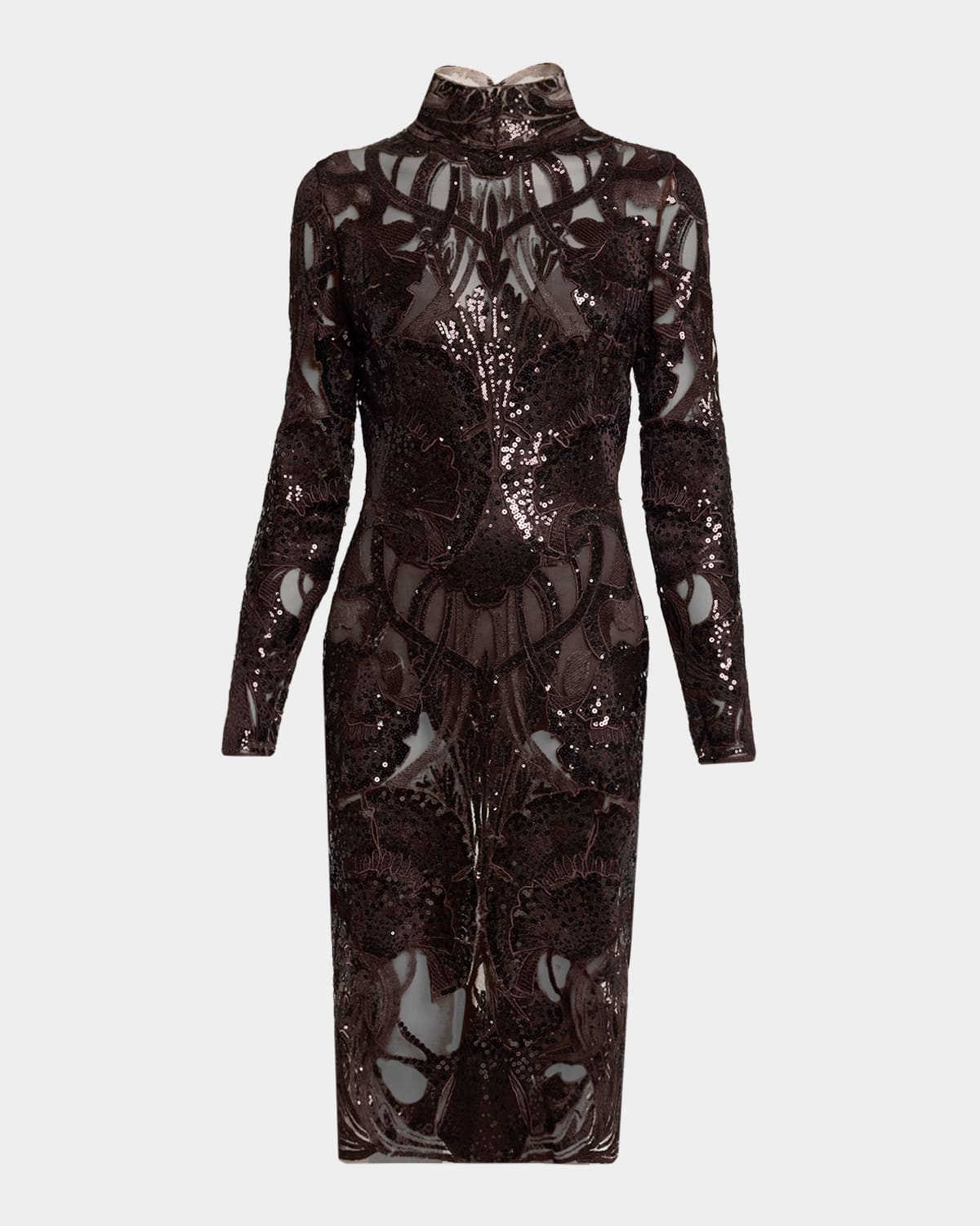 Elie Saab Sequined Lace Mock-neck Long-sleeve Dress In Brown