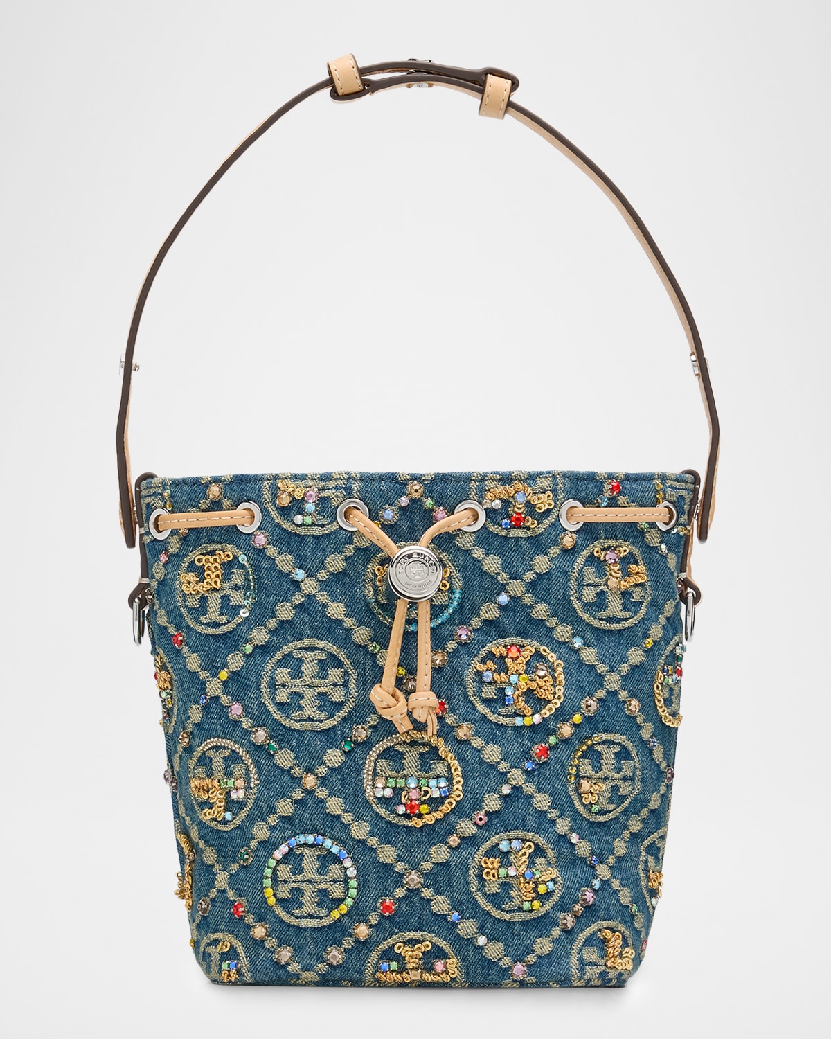 Tory Burch Crystal-embellished Monogram Denim Bucket Bag