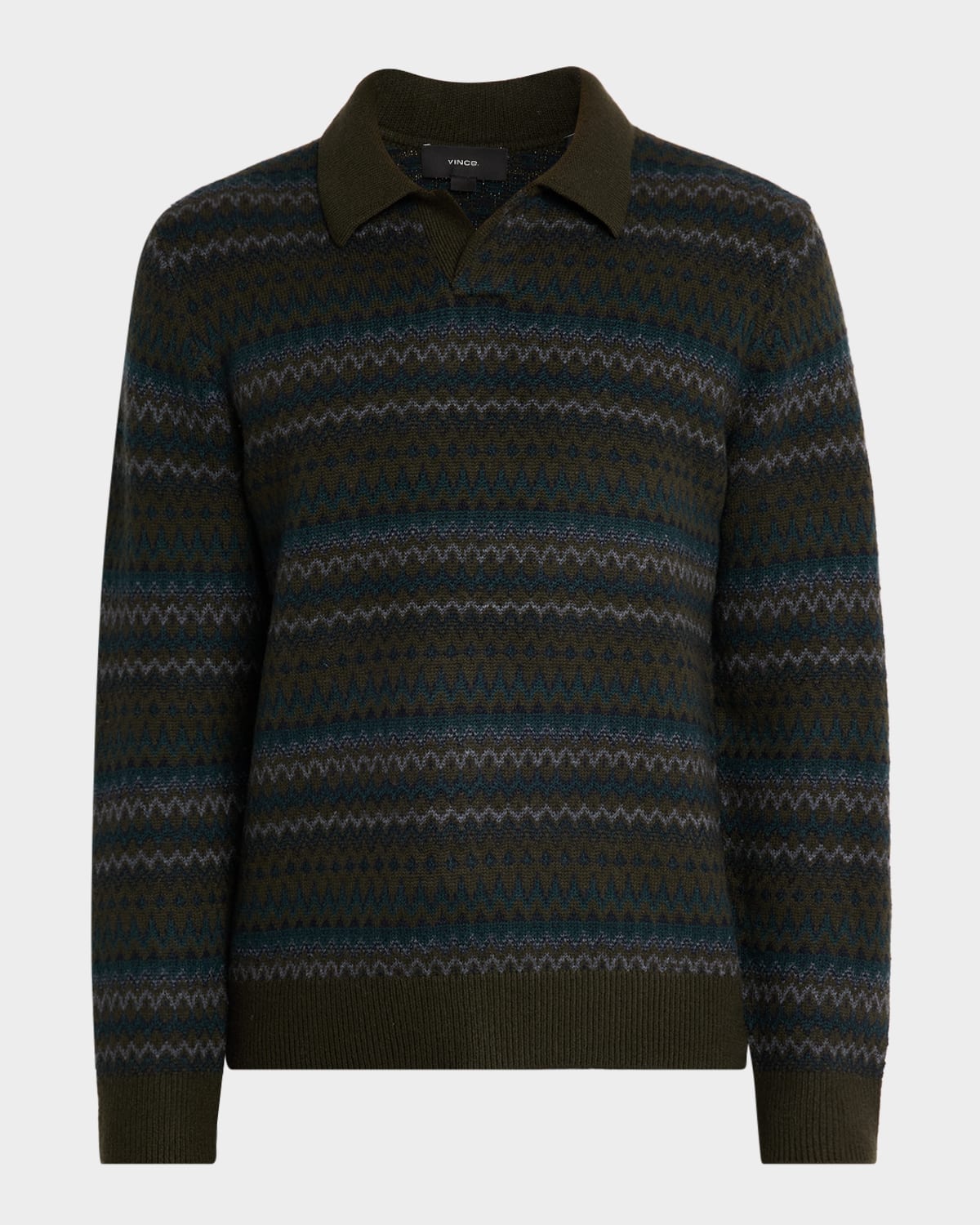 Vince Fair Isle Johnny Collar Dark Leaf Combo In Multi