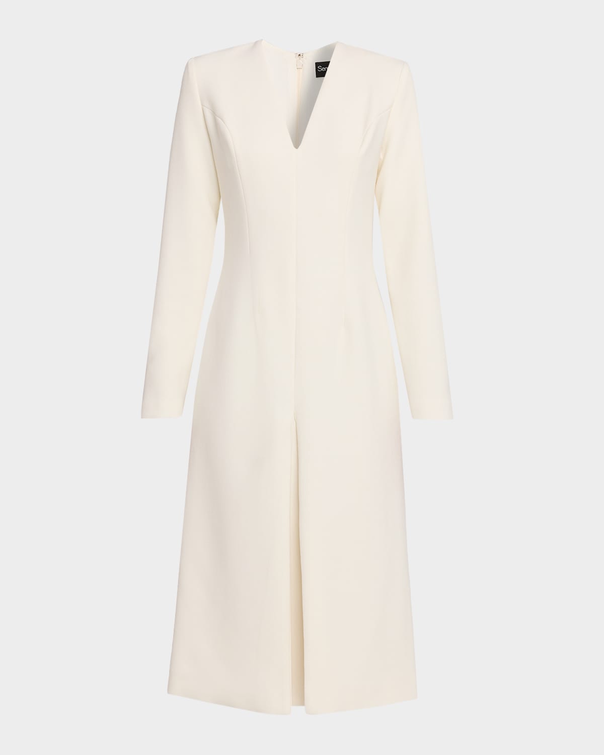 Sergio Hudson V-Neck Pleated Long-Sleeve Midi Dress
