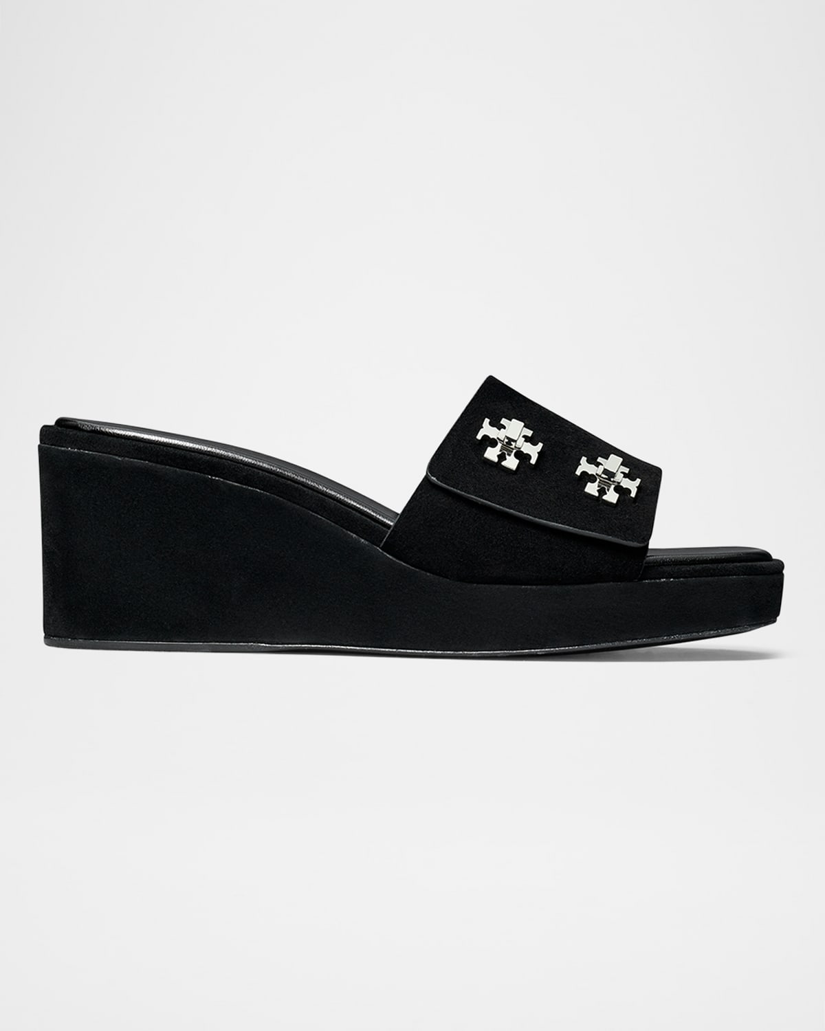 Tory Burch Turnlock Suede Wedge Sandals In Black