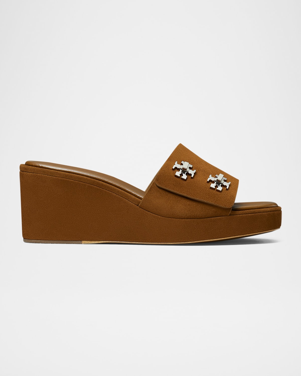 Tory Burch Turnlock Suede Wedge Sandals In Brown