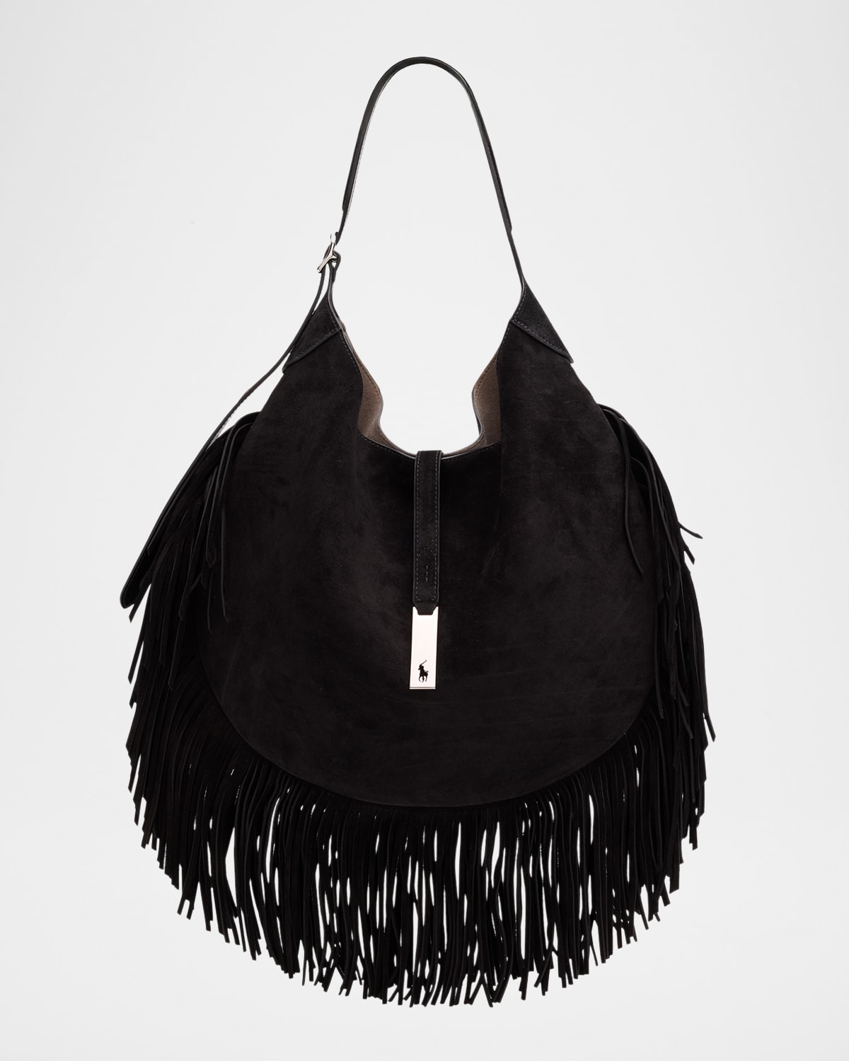 Polo Ralph Lauren Polo Id Large Fringe Suede Shoulder Bag In Black