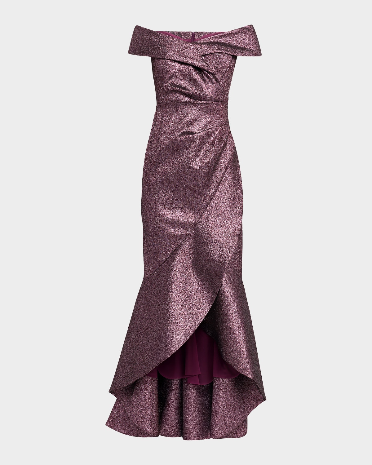 Rickie Freeman For Teri Jon Metallic Jacquard Ruffle High-low Off-shoulder Gown In Purple