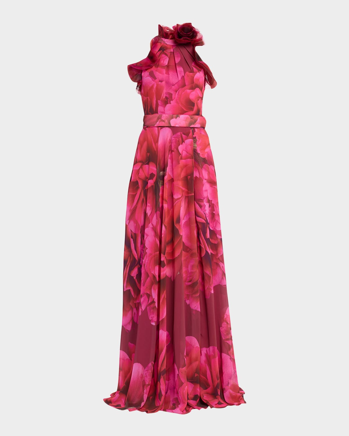 Rickie Freeman For Teri Jon Chiffon Floral Organza Halter Gown In Multi