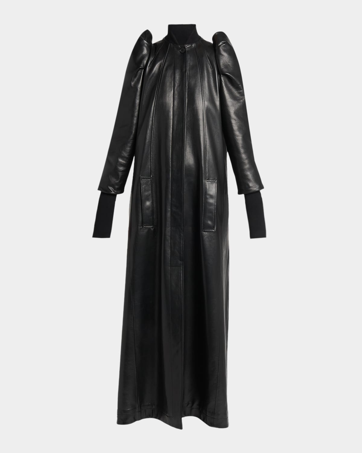 Alexander Mcqueen Structured Puff-sleeve Long Leather Coat In Brown
