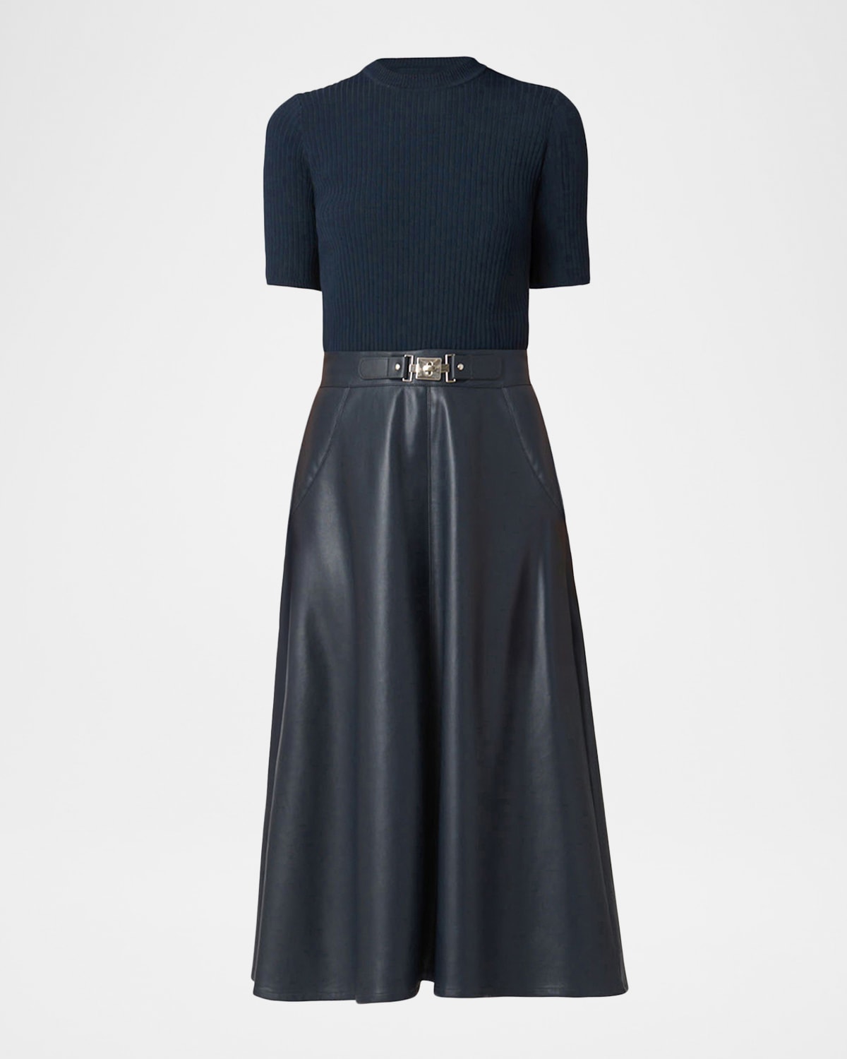 Shoshanna Angela Rib Knit & Faux Leather Midi Dress In Blue