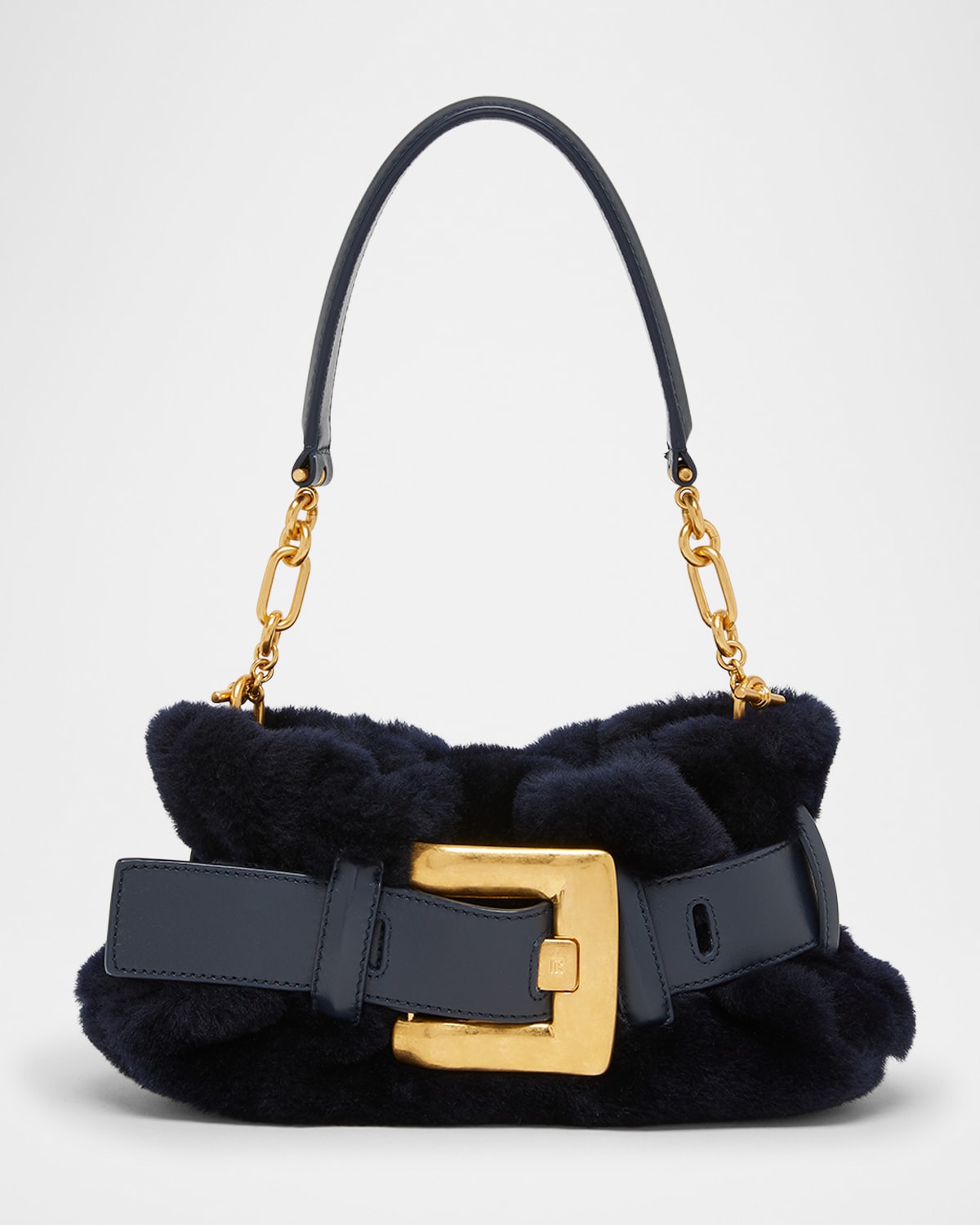 Balmain Anthem Mini Shoulder Bag In Shearling In Blue