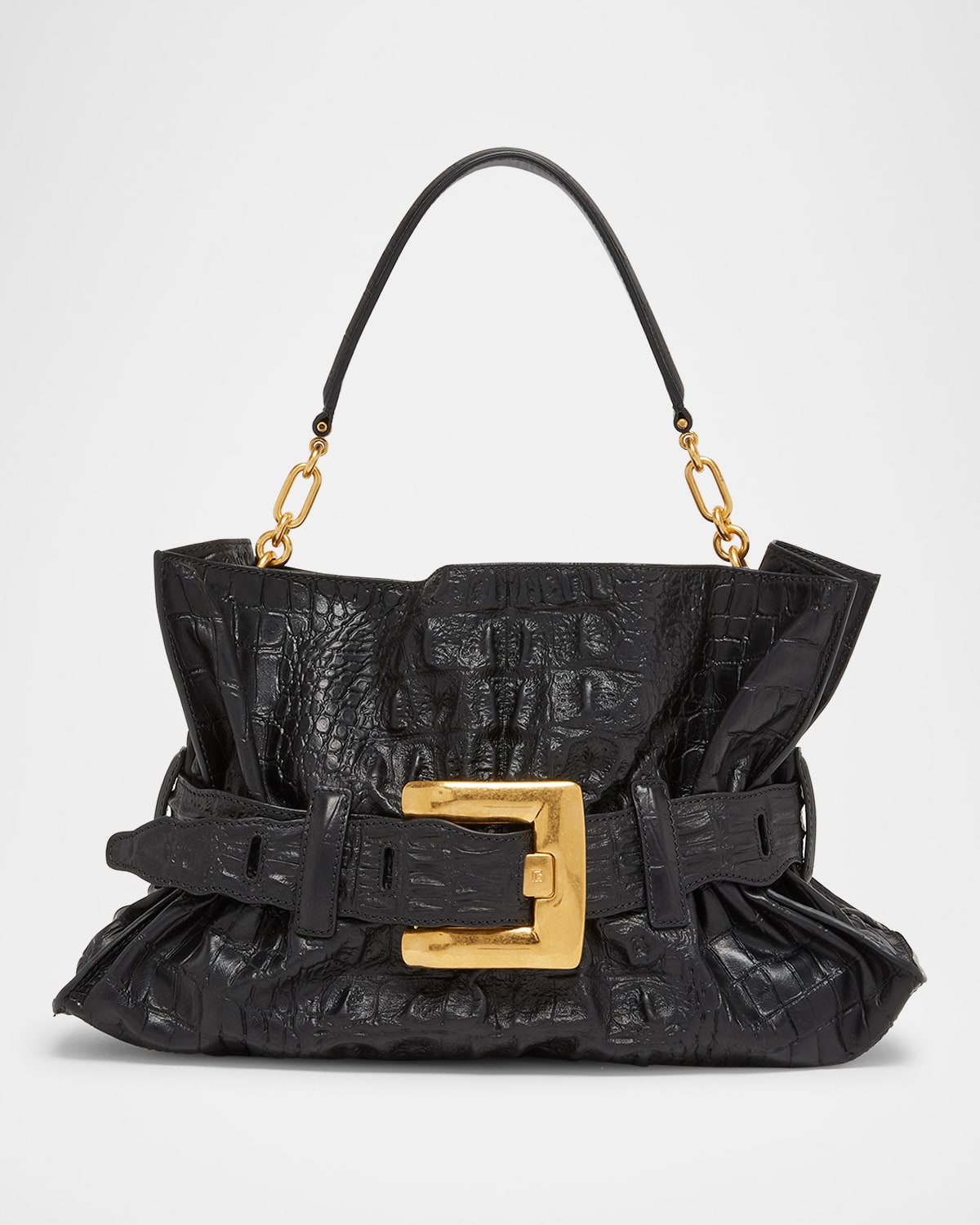 Balmain Anthem Medium Shoulder Bag in Croc-Embossed Leather