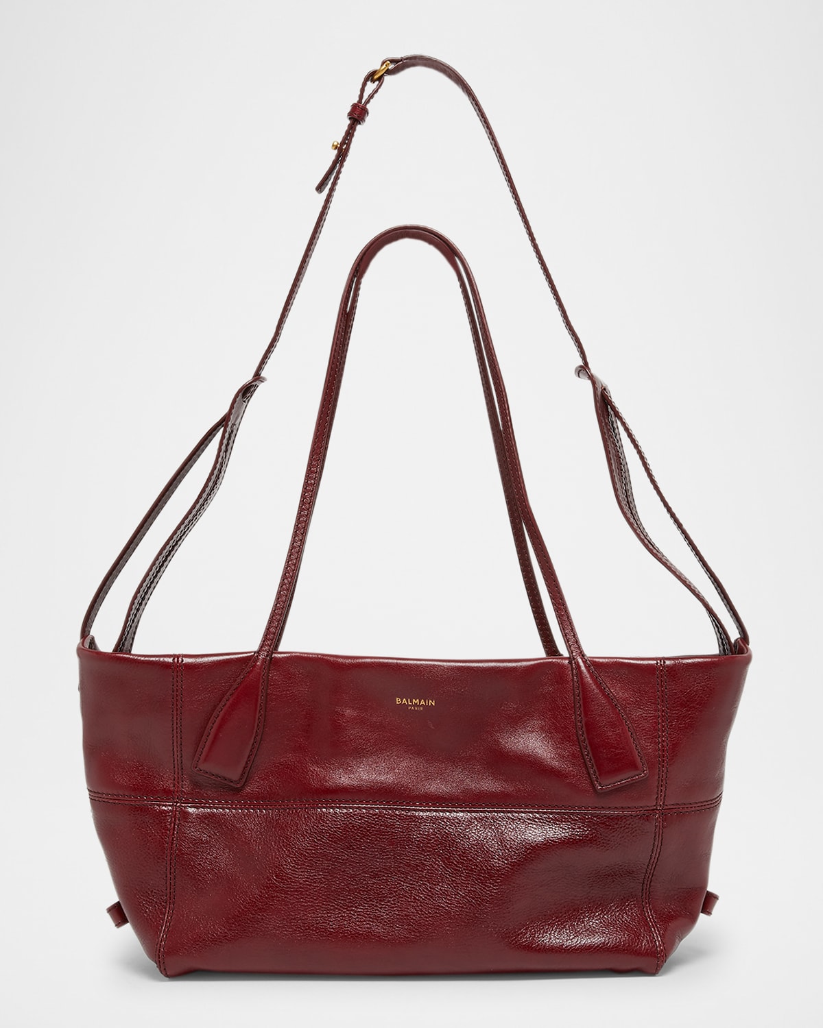 Balmain Track Zip Small Glossed Leather Tote Bag In Burgundy