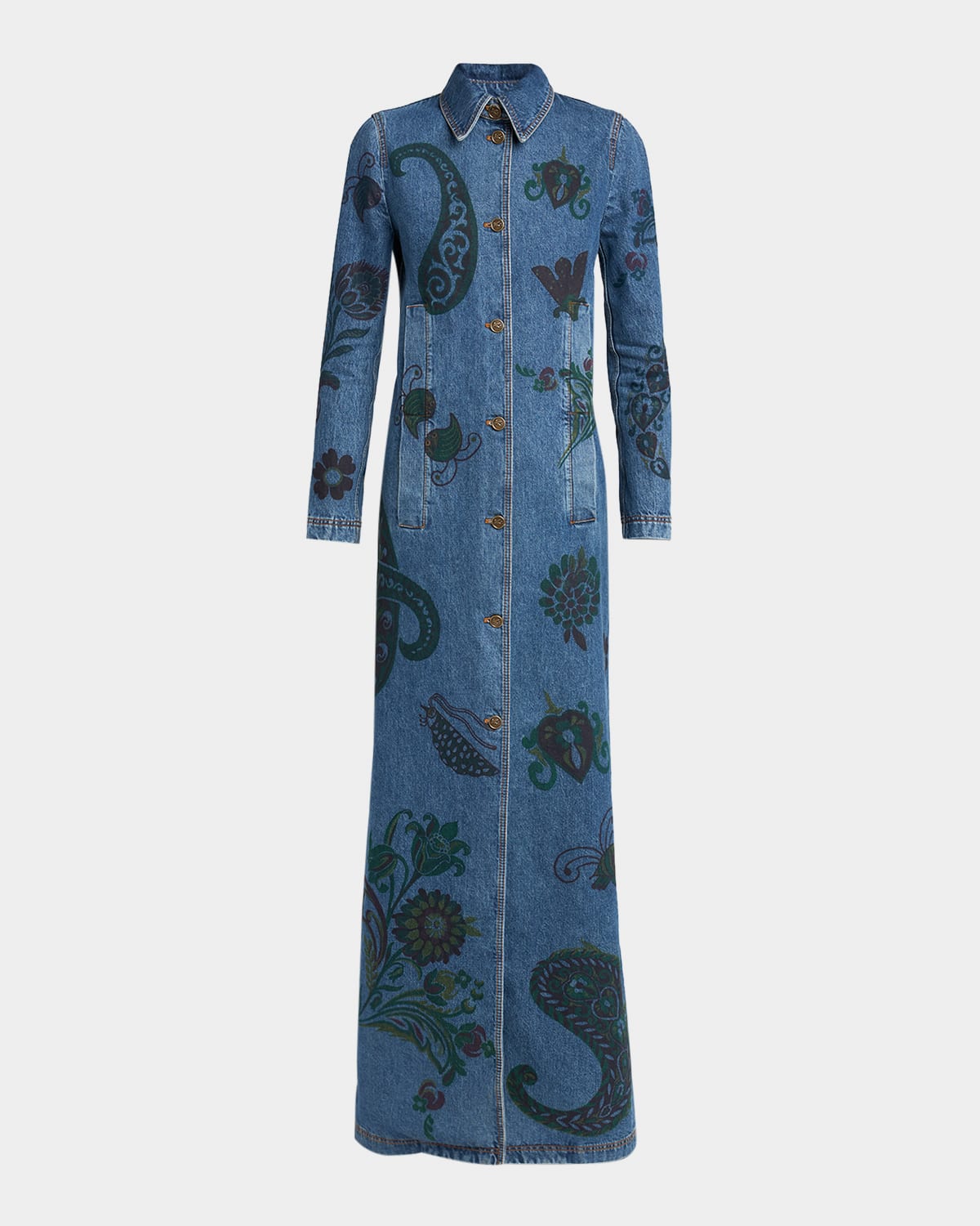 Etro Flower And Bee Printed Denim Maxi Trench Coat In Multi