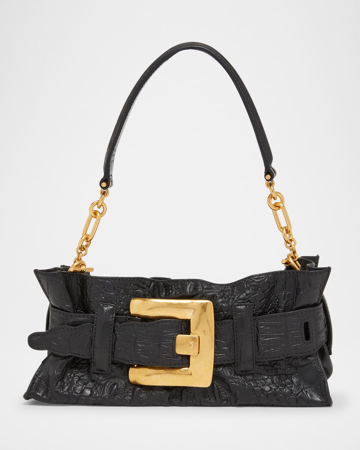 Balmain Anthem Mini Shoulder Bag In Croc-embossed Leather In Black