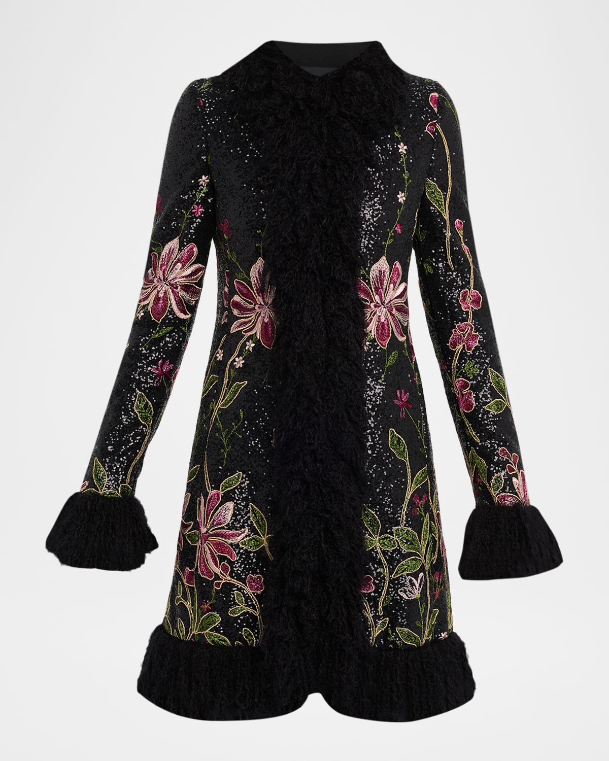 Giambattista Valli Sequin Embroidered Faux Fur Trim Coat