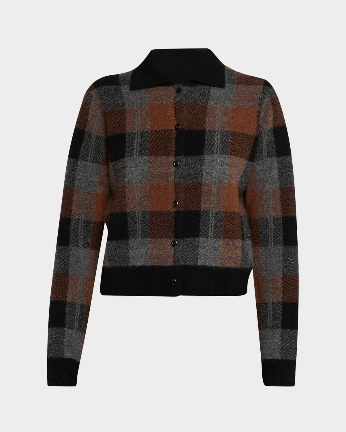 Vince Cashmere Plaid Button-front Sweater In Brown