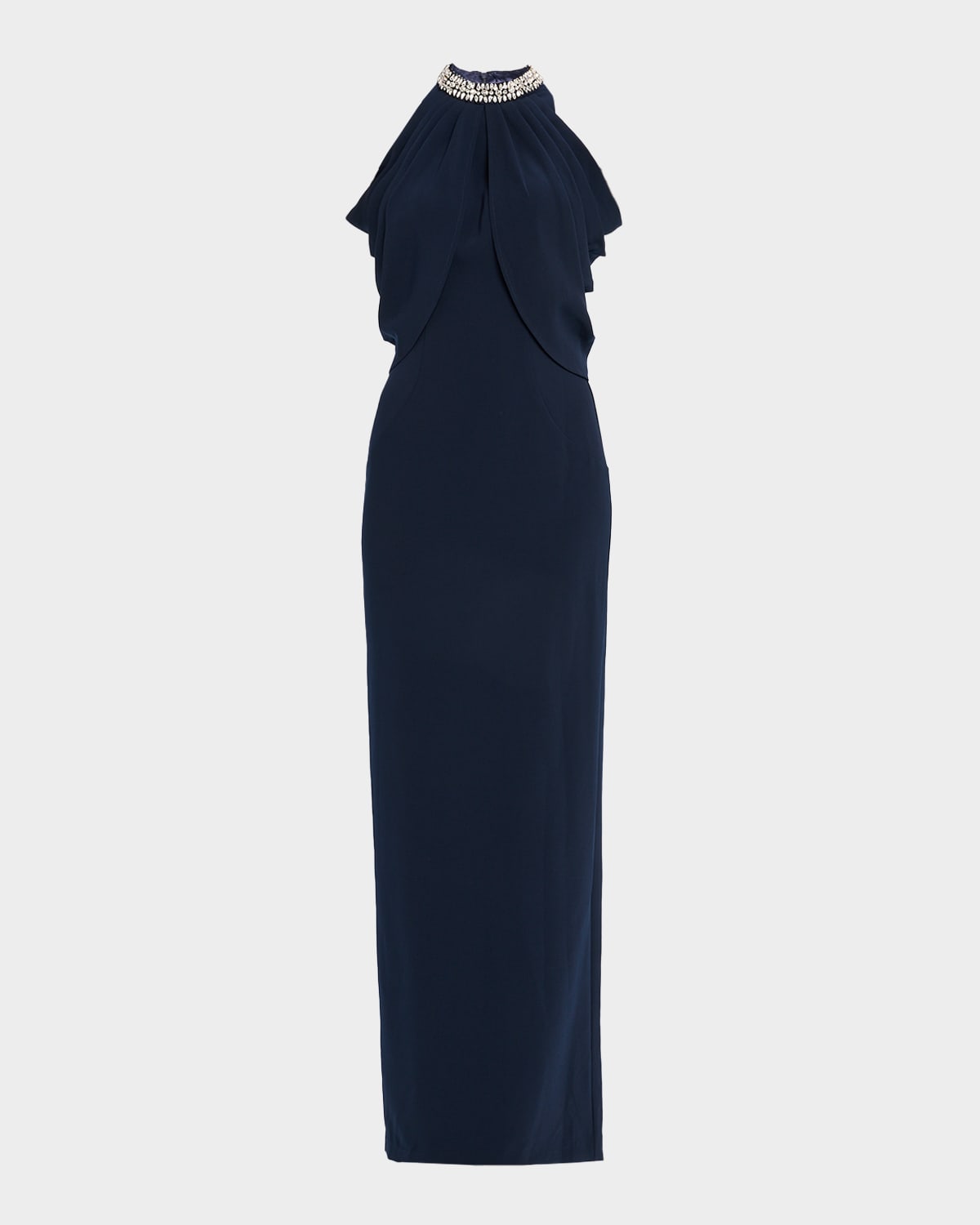 Jovani Crystal-embellished Collar Draped Gown In Blue
