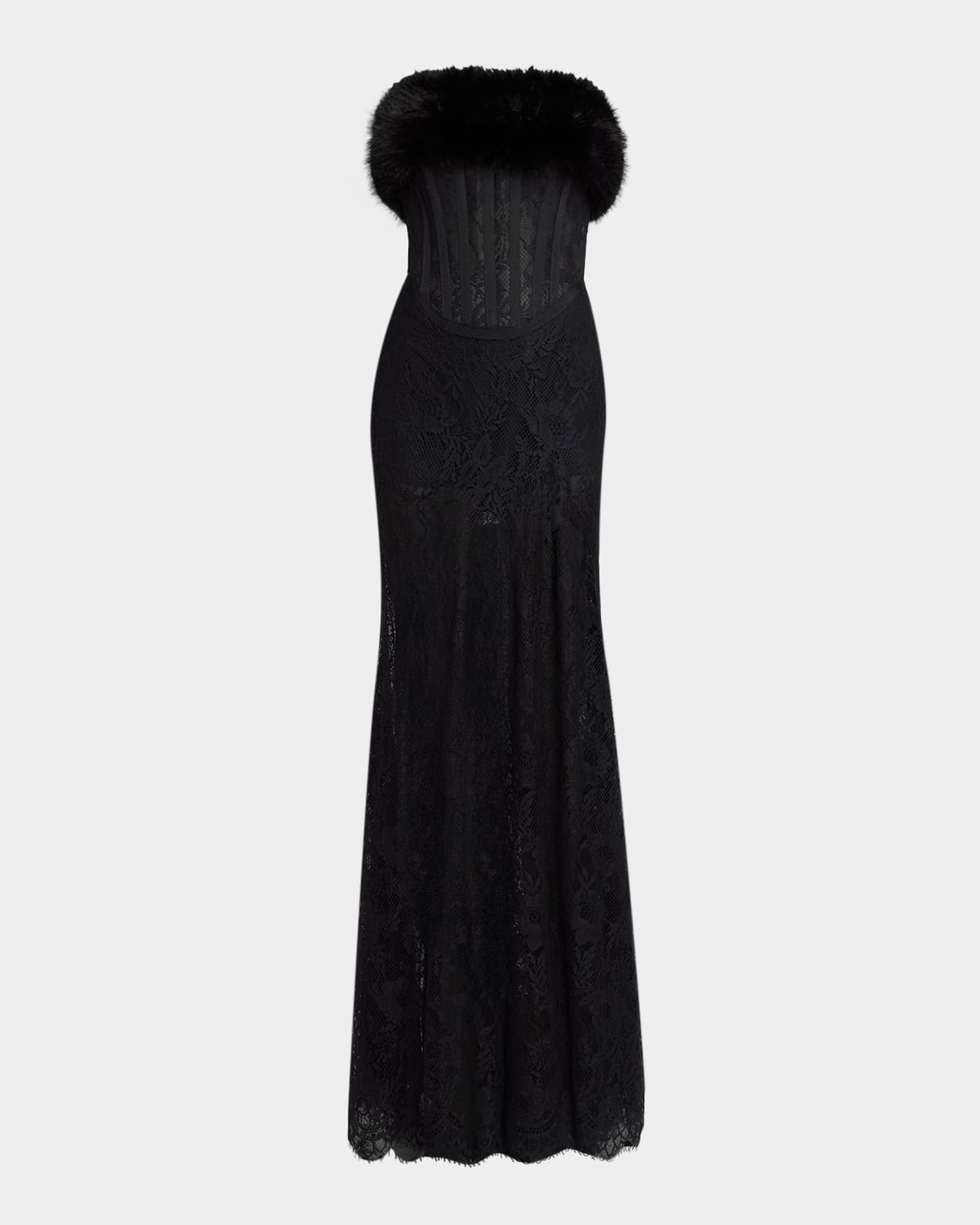 Elie Saab Faux-fur Trim Strapless Lace Corset Gown In Blue
