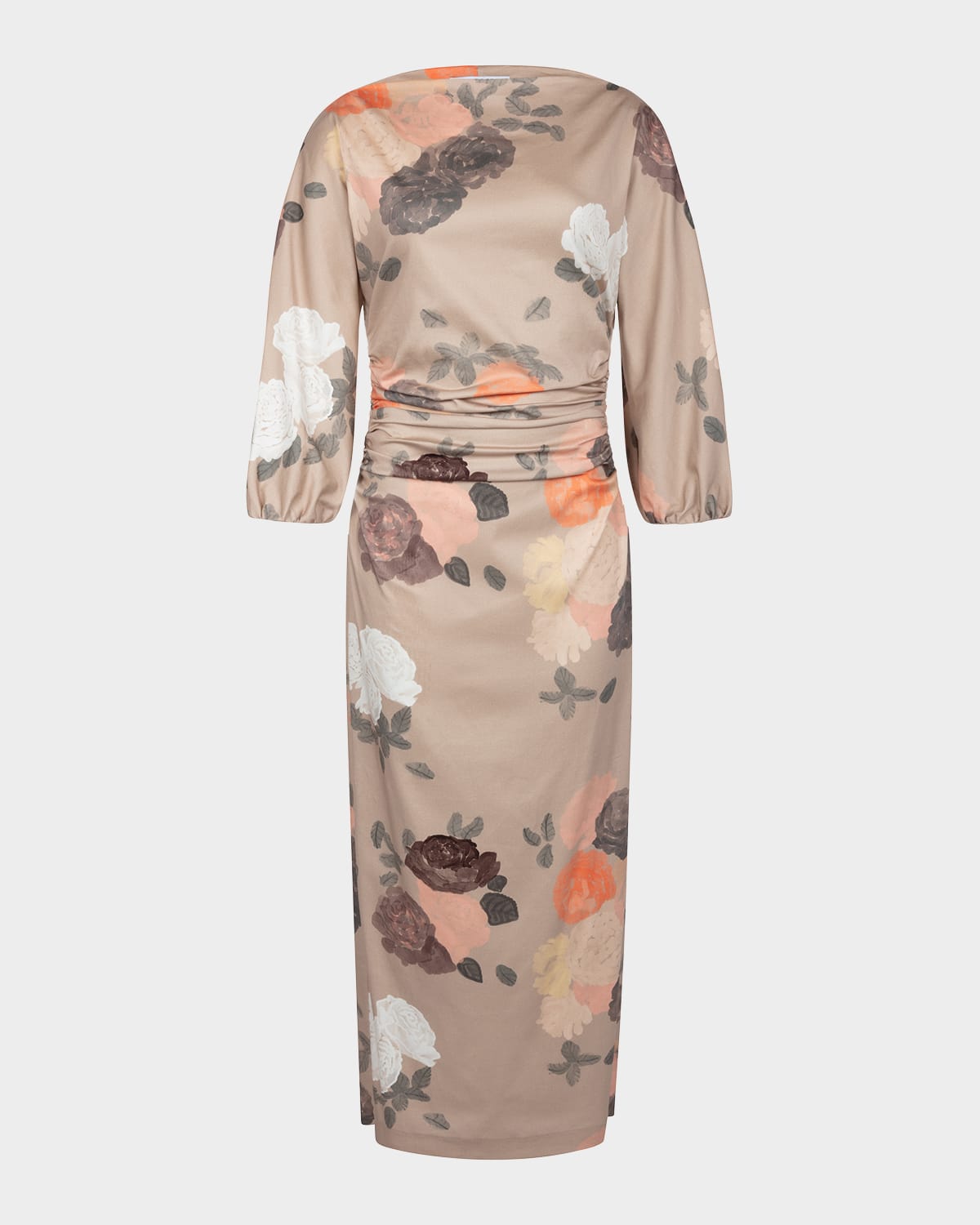 Bernadette Ezra Floral-print Ruched 3/4-sleeve Maxi Dress In Brown