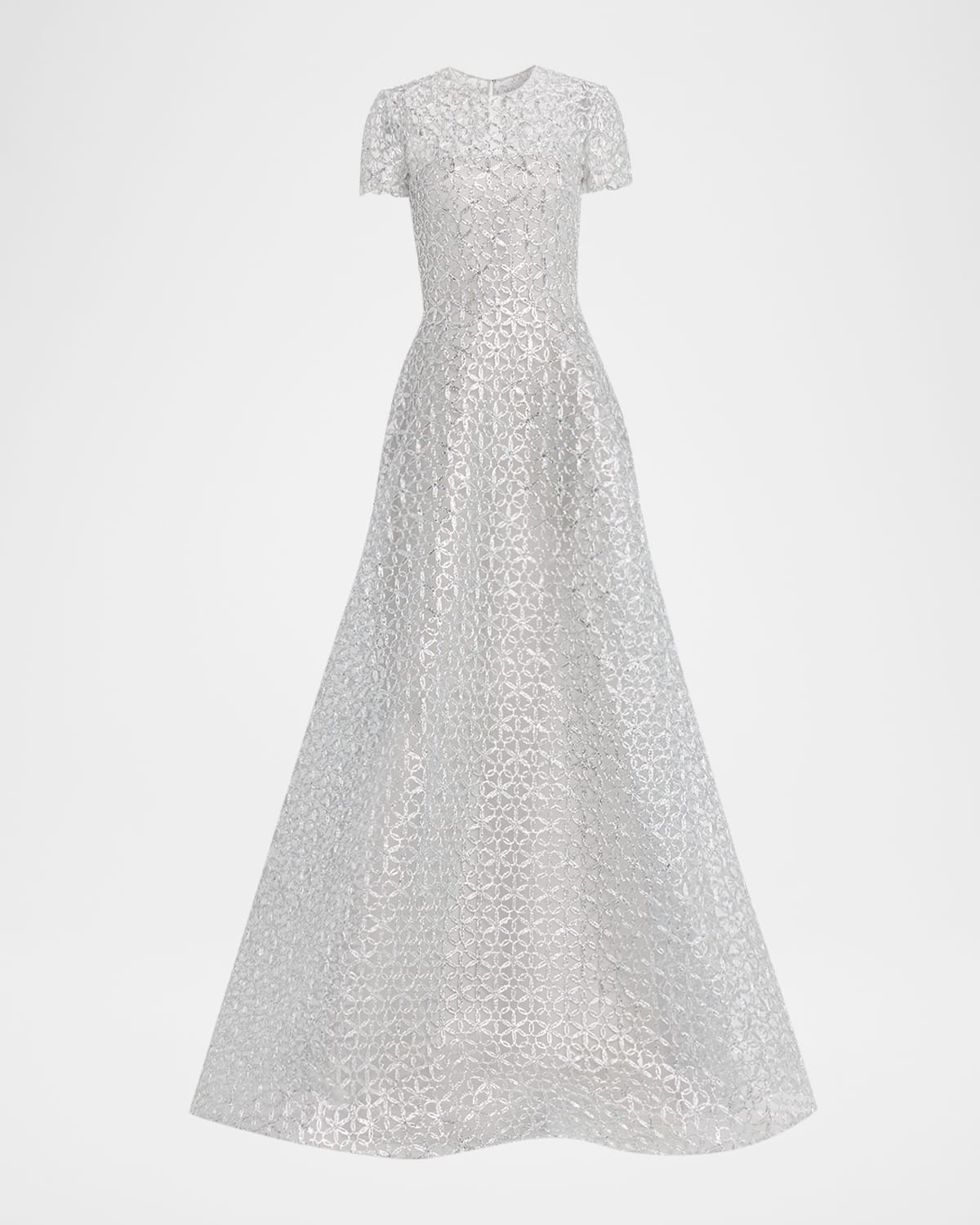 Naeem Khan Metallic Raffia Embroidered Short-Sleeve Gown