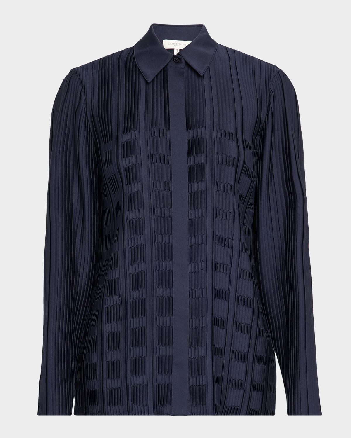 Lafayette 148 Basketweave Plisse Recycled Satin Blouse In Blue