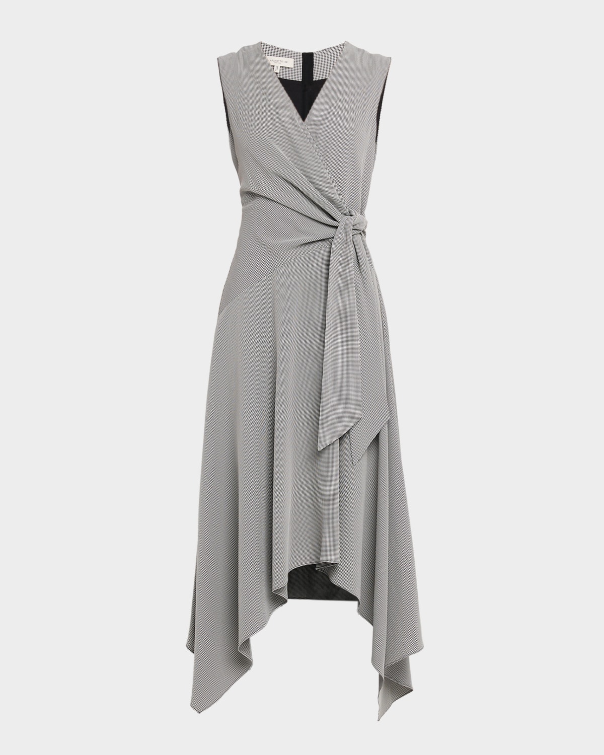 Lafayette 148 Houndstooth Side-tie Handkerchief Midi Dress In Black