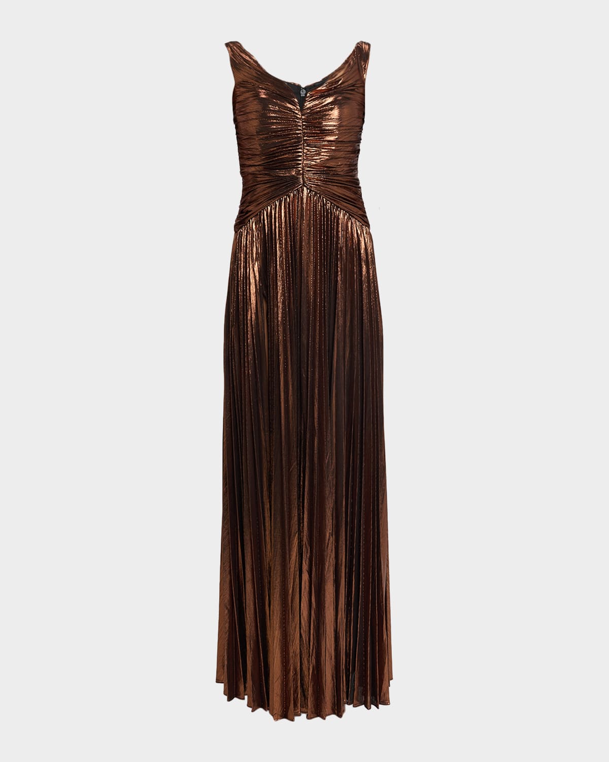 Retroféte Ismene Metallic Pleated Sleeveless Gown In Brown