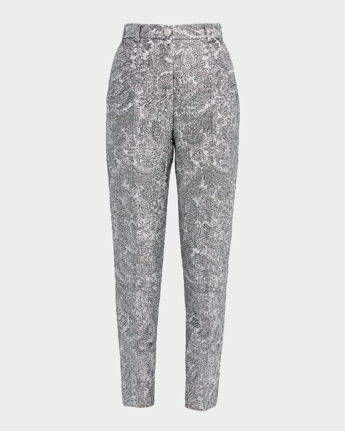 Dolce & Gabbana Metallic Floral Puff Brocade Slim-leg Ankle Pants In Silver