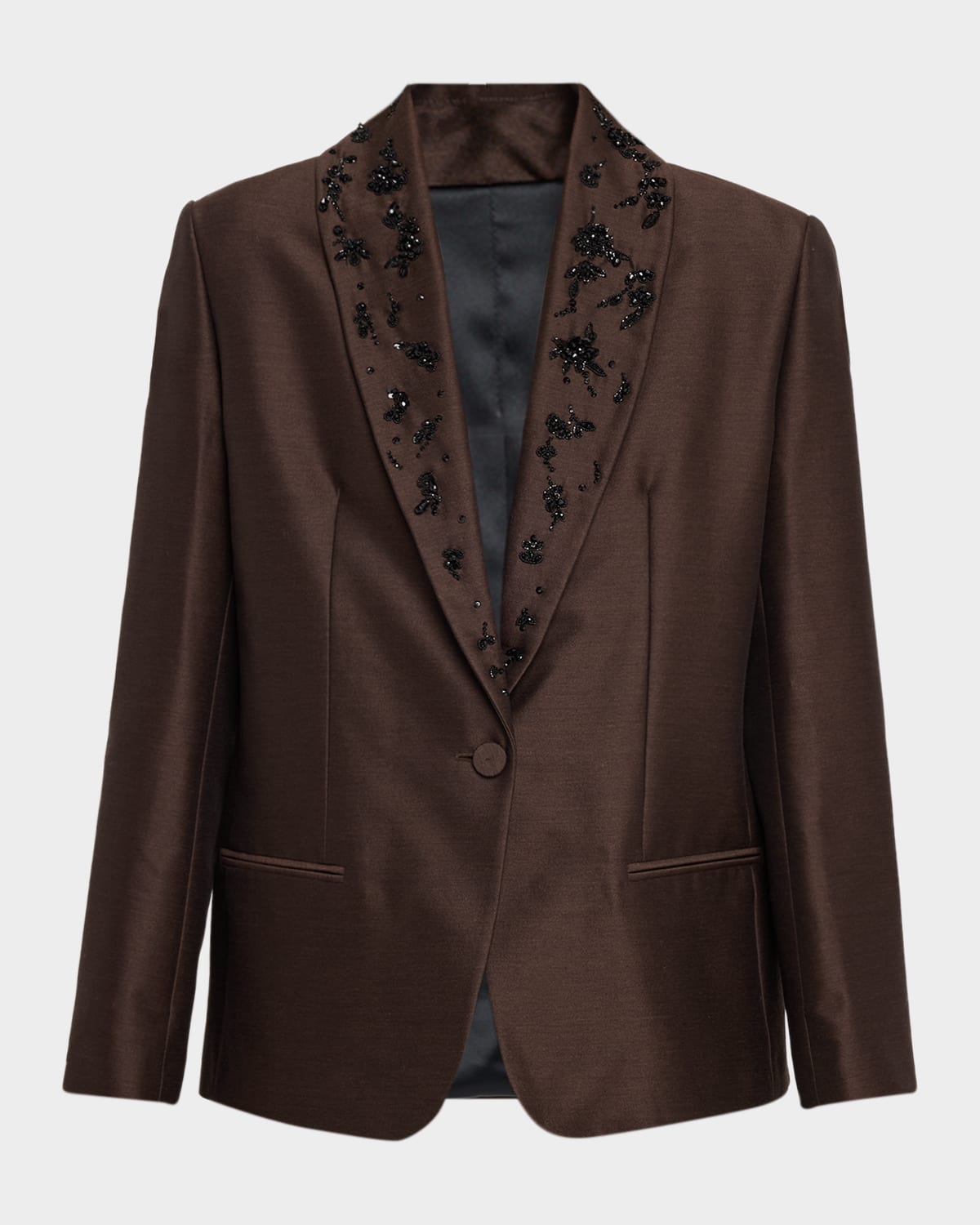 Alberta Ferretti Embroidered Lapel Single-breasted Wool-silk Jacket In Brown