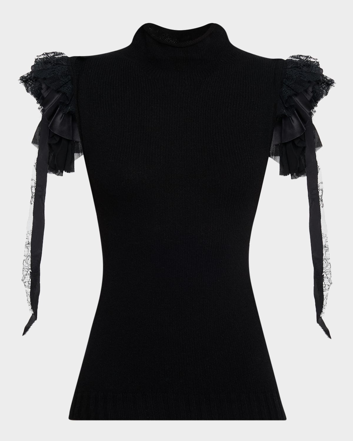Alberta Ferretti Mock-Neck Ruffle-Shoulder Cashmere-Wool Rib Tank Top