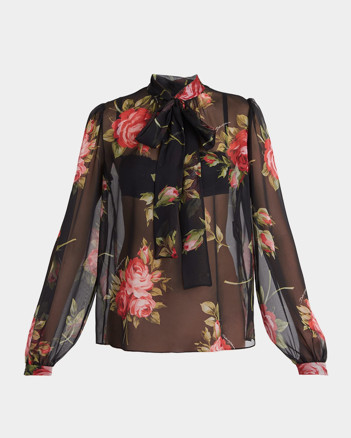 Dolce & Gabbana Rose Bouquet-Print Silk Chiffon Neck-Tie Blouse