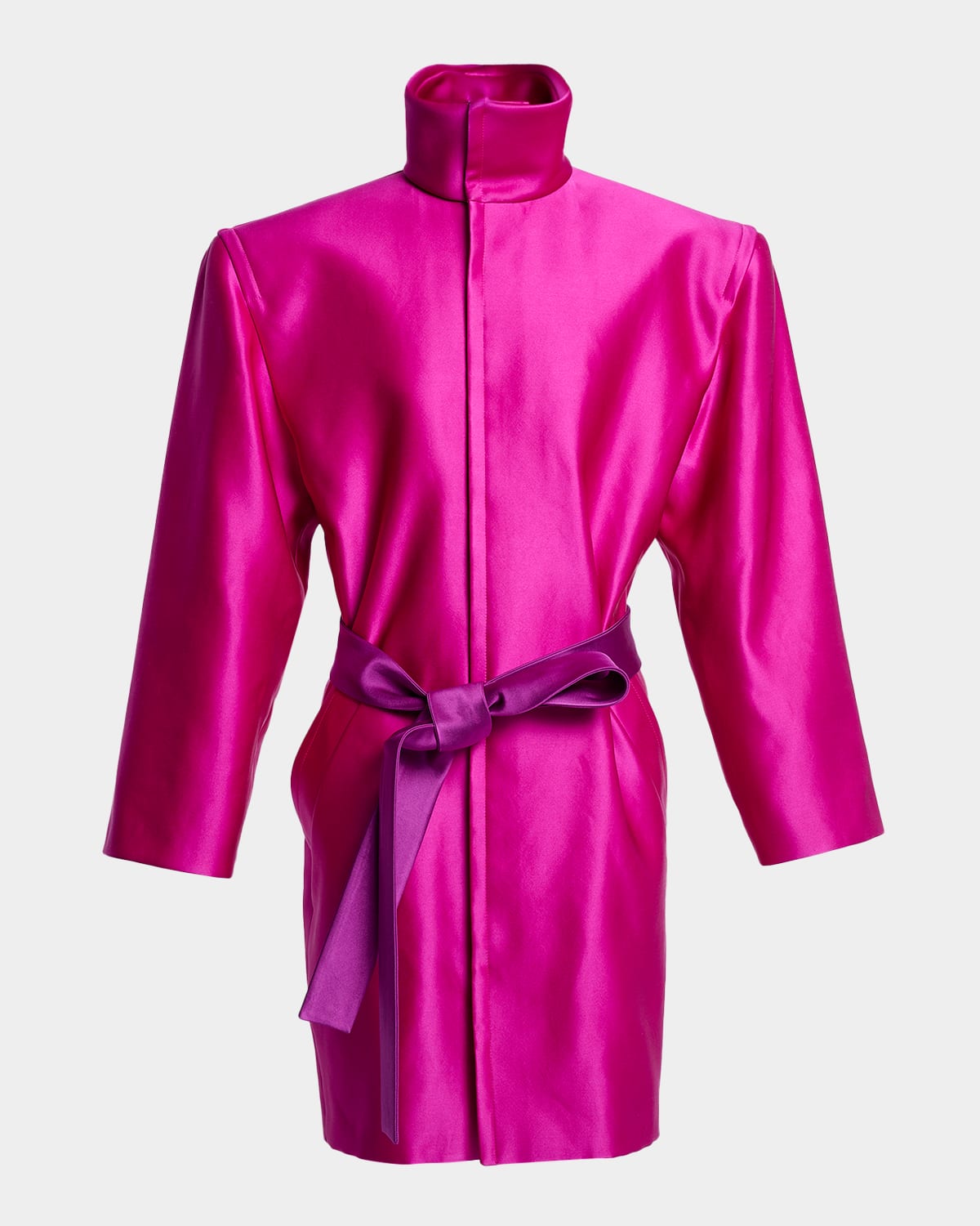 Saint Laurent Strong-shoulder Belted Silk Jacket In Pink