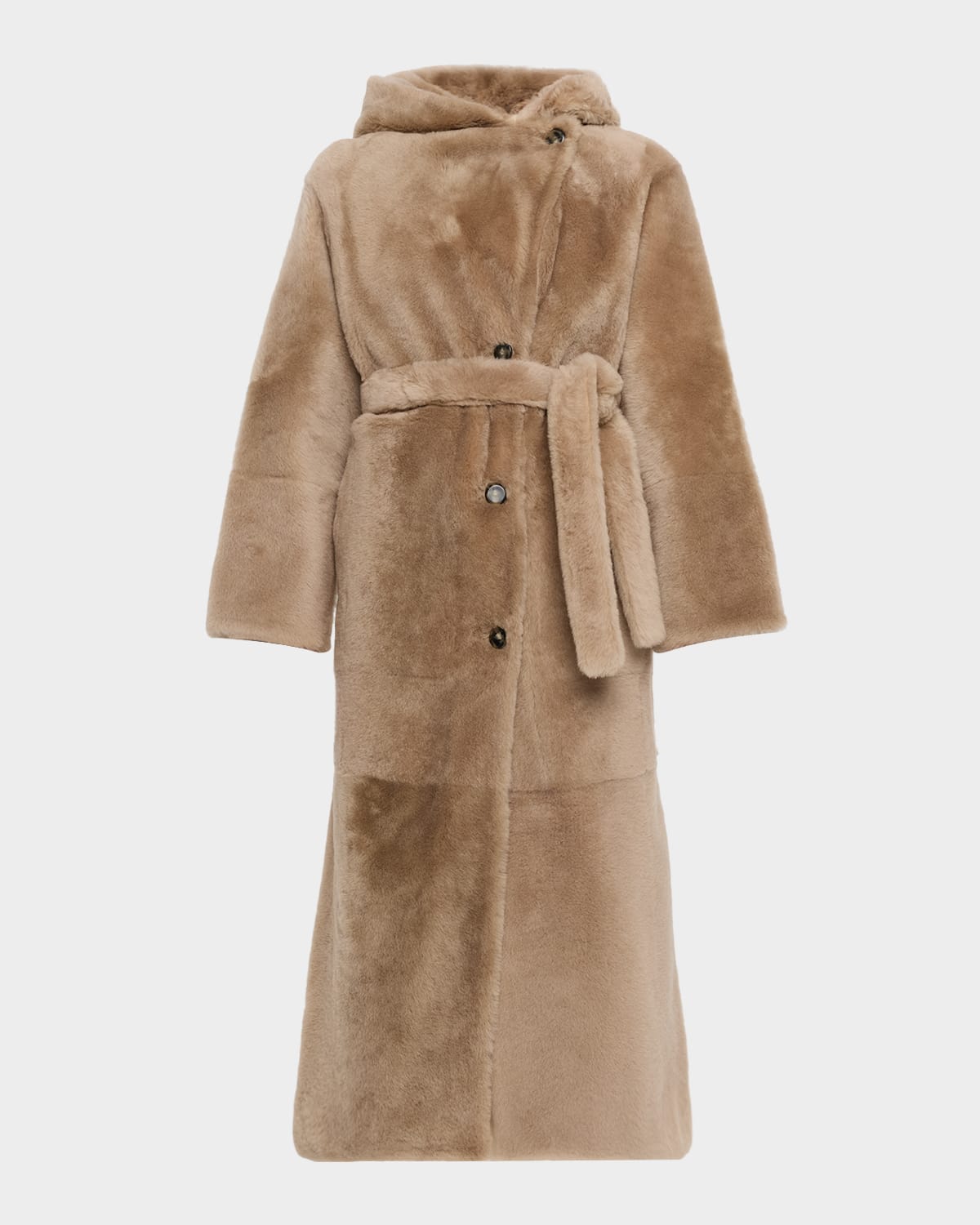 Yves Salomon Long Hooded Lamb Shearling Coat In Brown