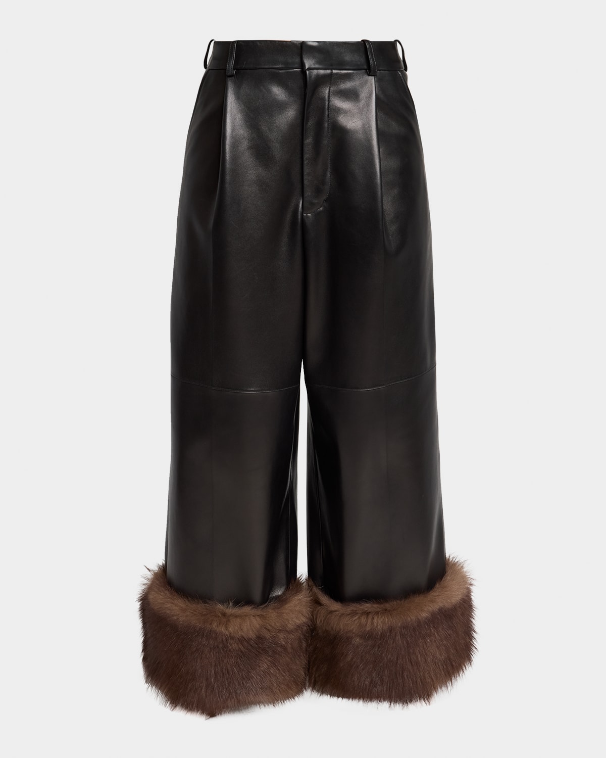 Loewe Turn-up Shiny Leather Wide-leg Ankle Trousers With Lamb Shearling Cuffs In Black