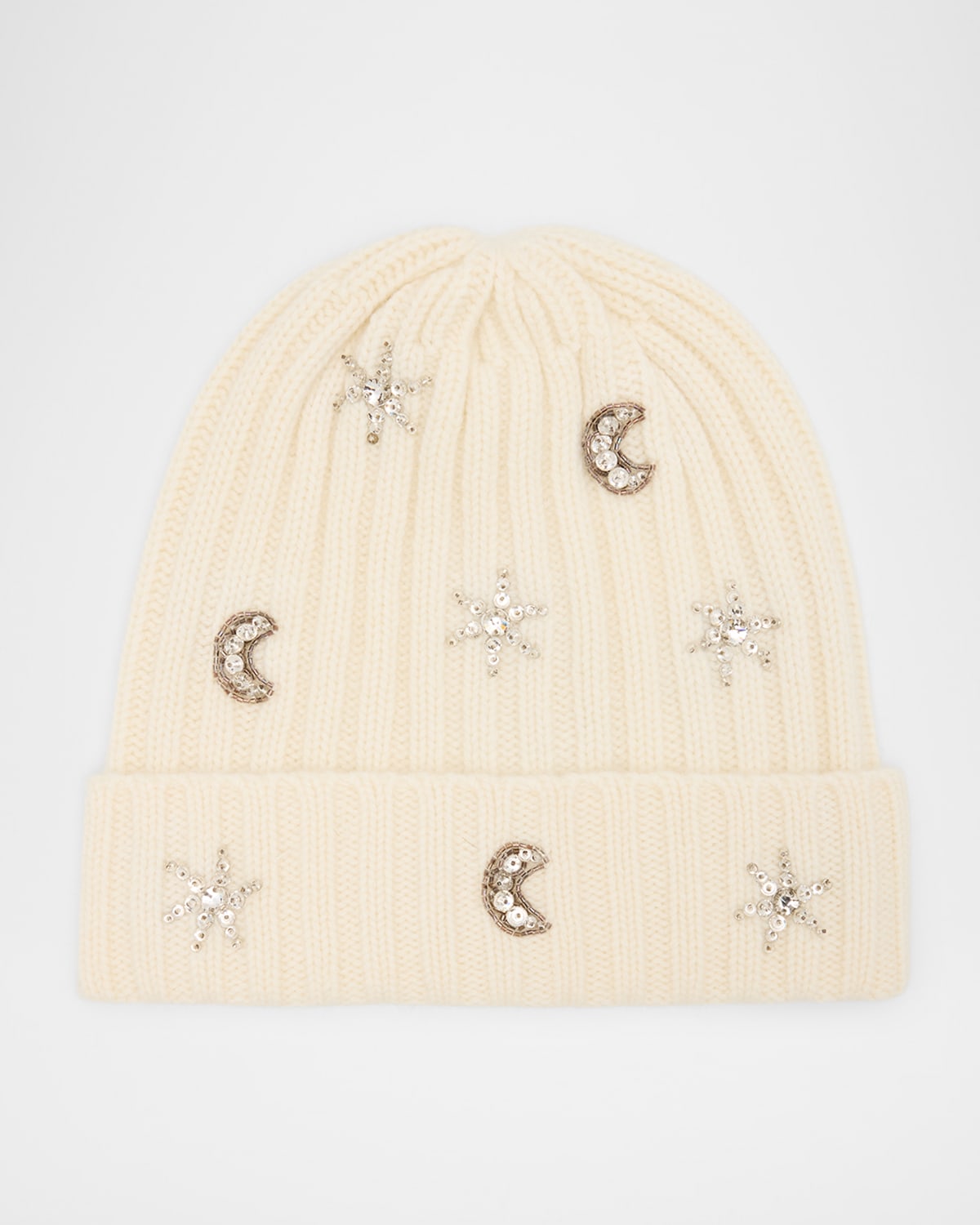 Carolyn Rowan Embroidered Crystal Cashmere Rib Beanie In Neutral