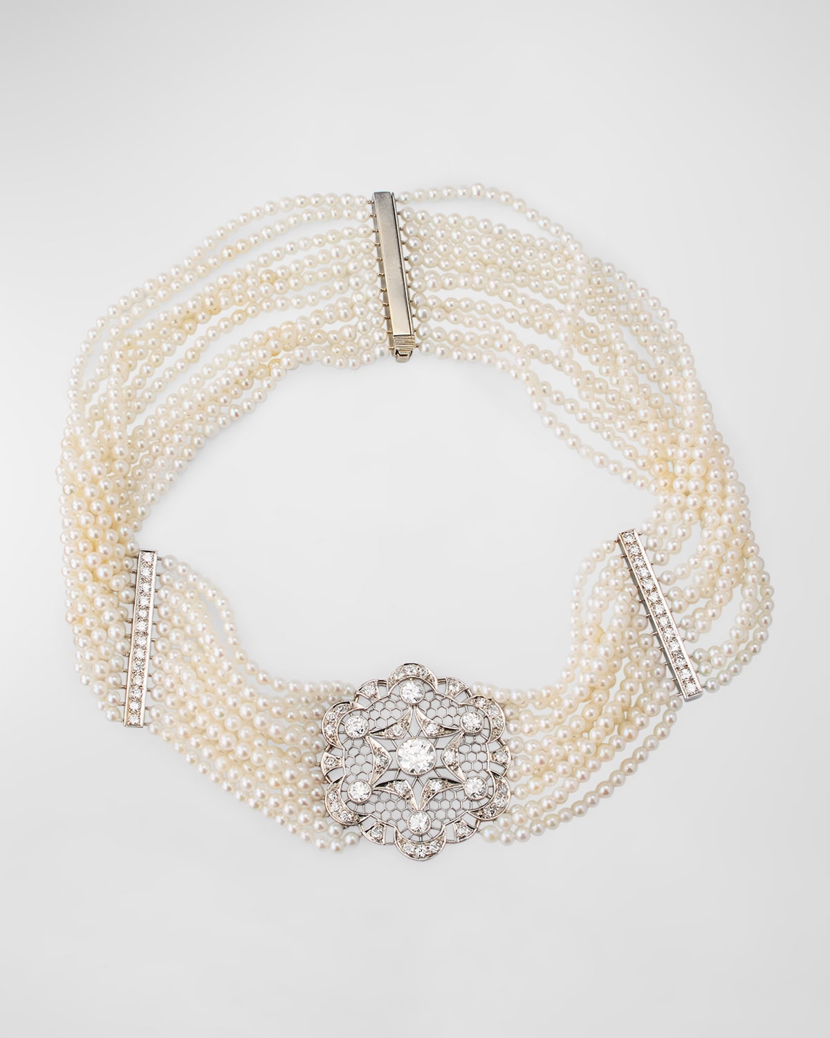Estate Art Deco Platinum 11-Strand Pearl Choker Necklace with Diamonds