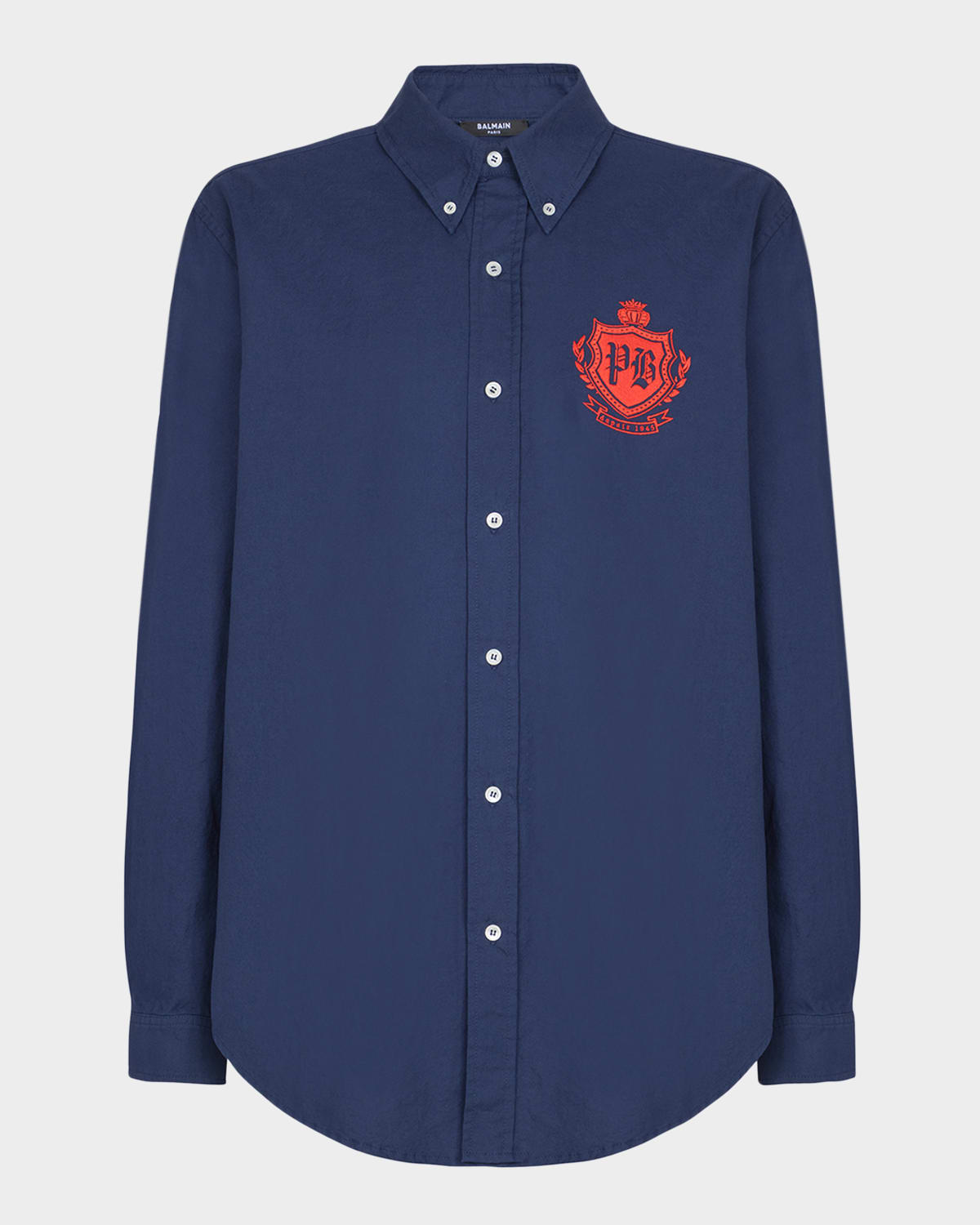 Balmain Men 's Oxford Cotton College Emblem Button-Down Shirt