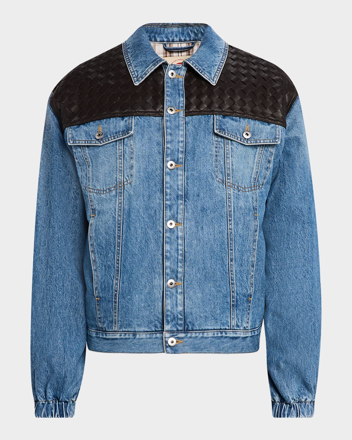 Bottega Veneta Men 's Vintage Denim Jacket w/Intrecciato Yoke