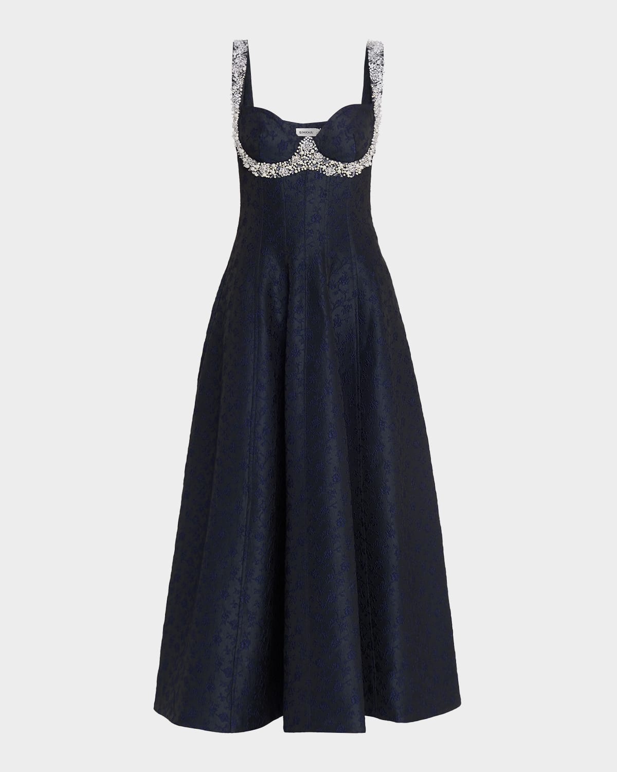 Simkhai Charlotte Beaded Floral Jacquard Midi Dress In Blue