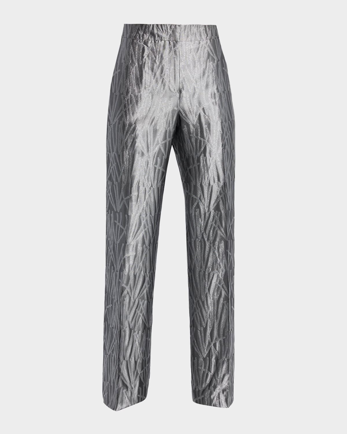 Lafayette 148 Gates Metallic Jacquard Straight-leg Pants In Silver