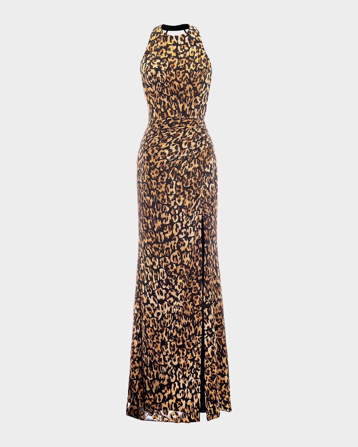 Dress The Population Black Label Nilla Open-back Satin Jacquard Column Gown In Animal Print