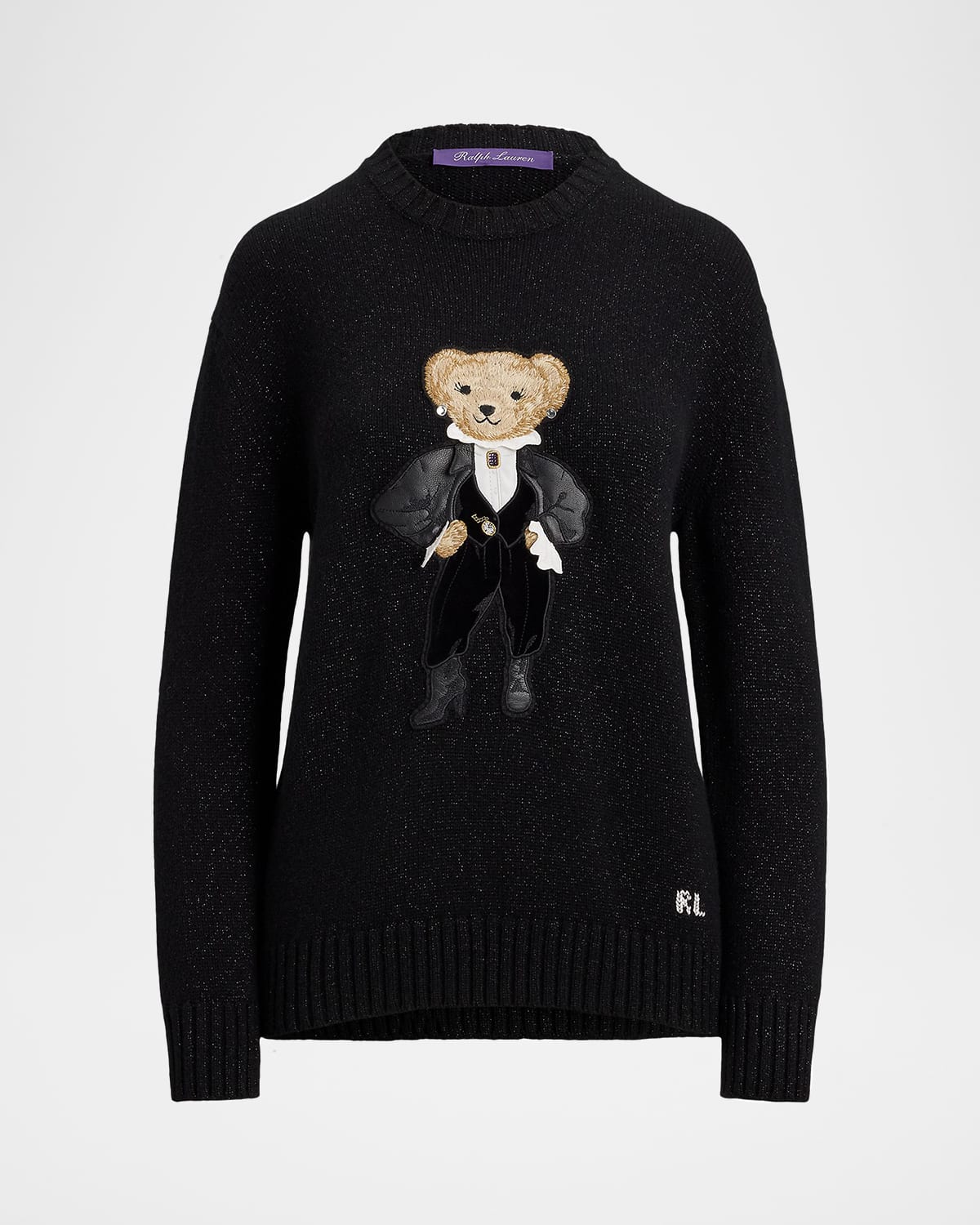 Ralph Lauren Holiday Polo Bear Metallic Cashmere Sweater In Black