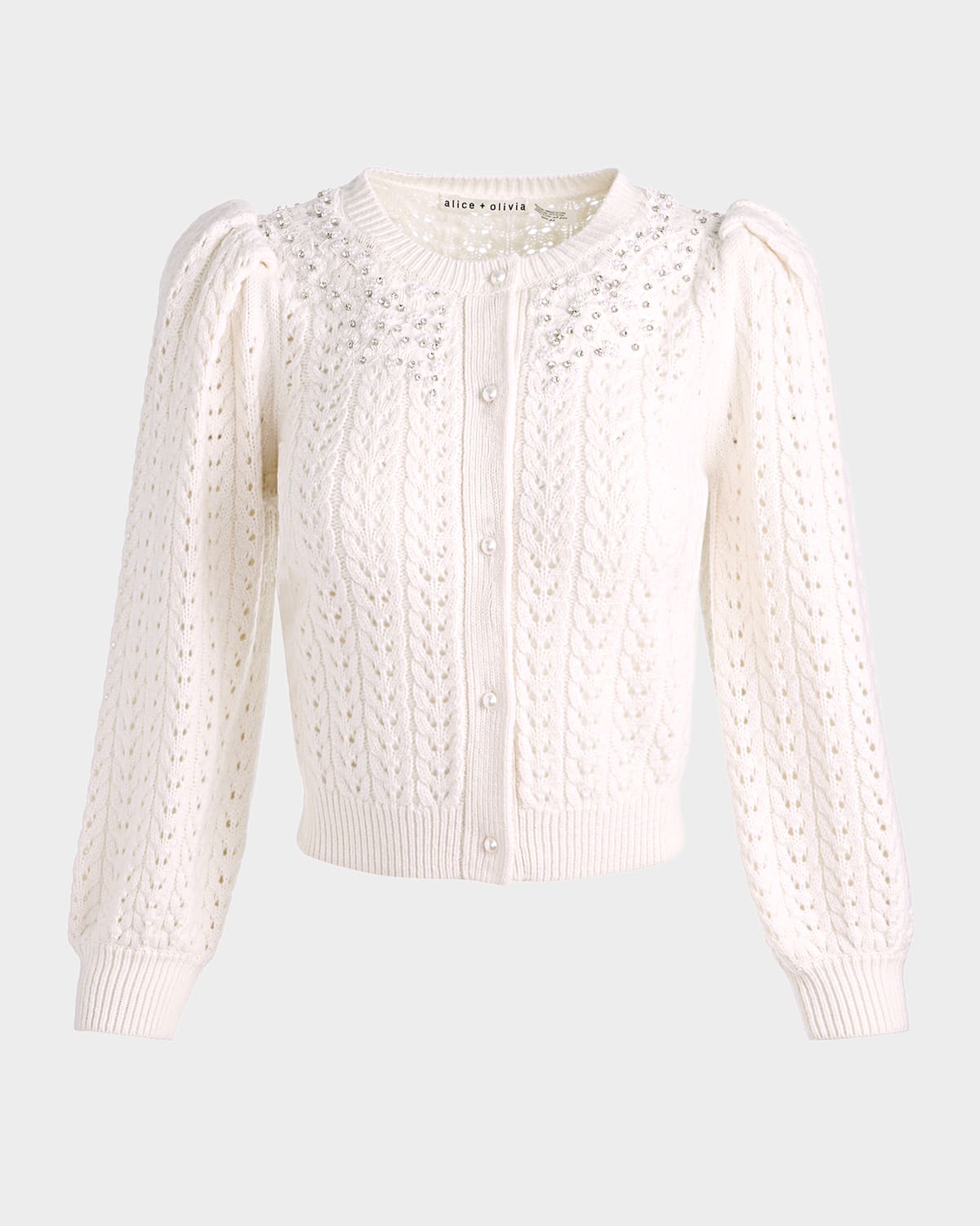 Alice And Olivia Doris Embellished Puff-sleeve Cardigan In White