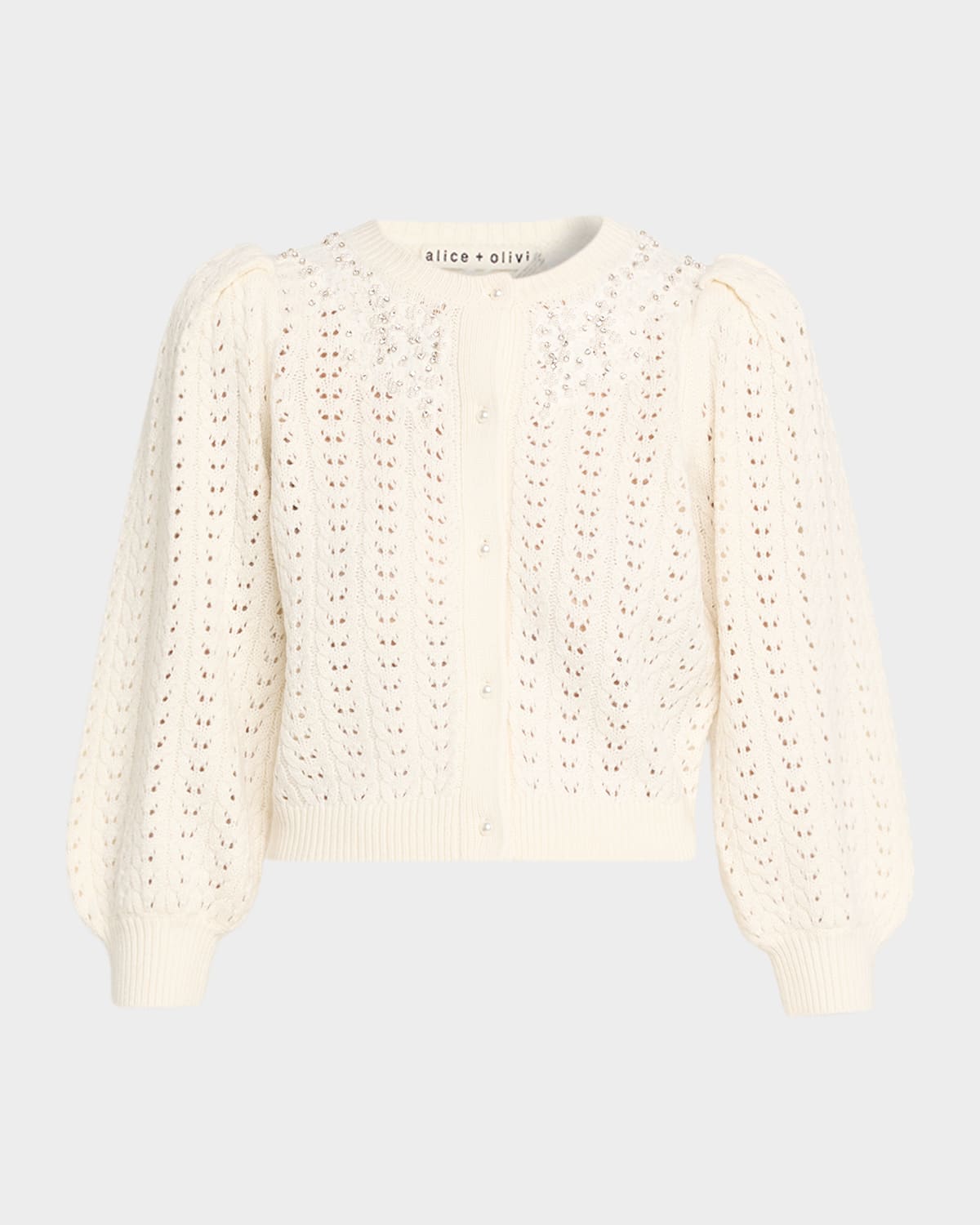 Alice And Olivia Doris Embellished Puff-sleeve Cardigan In White