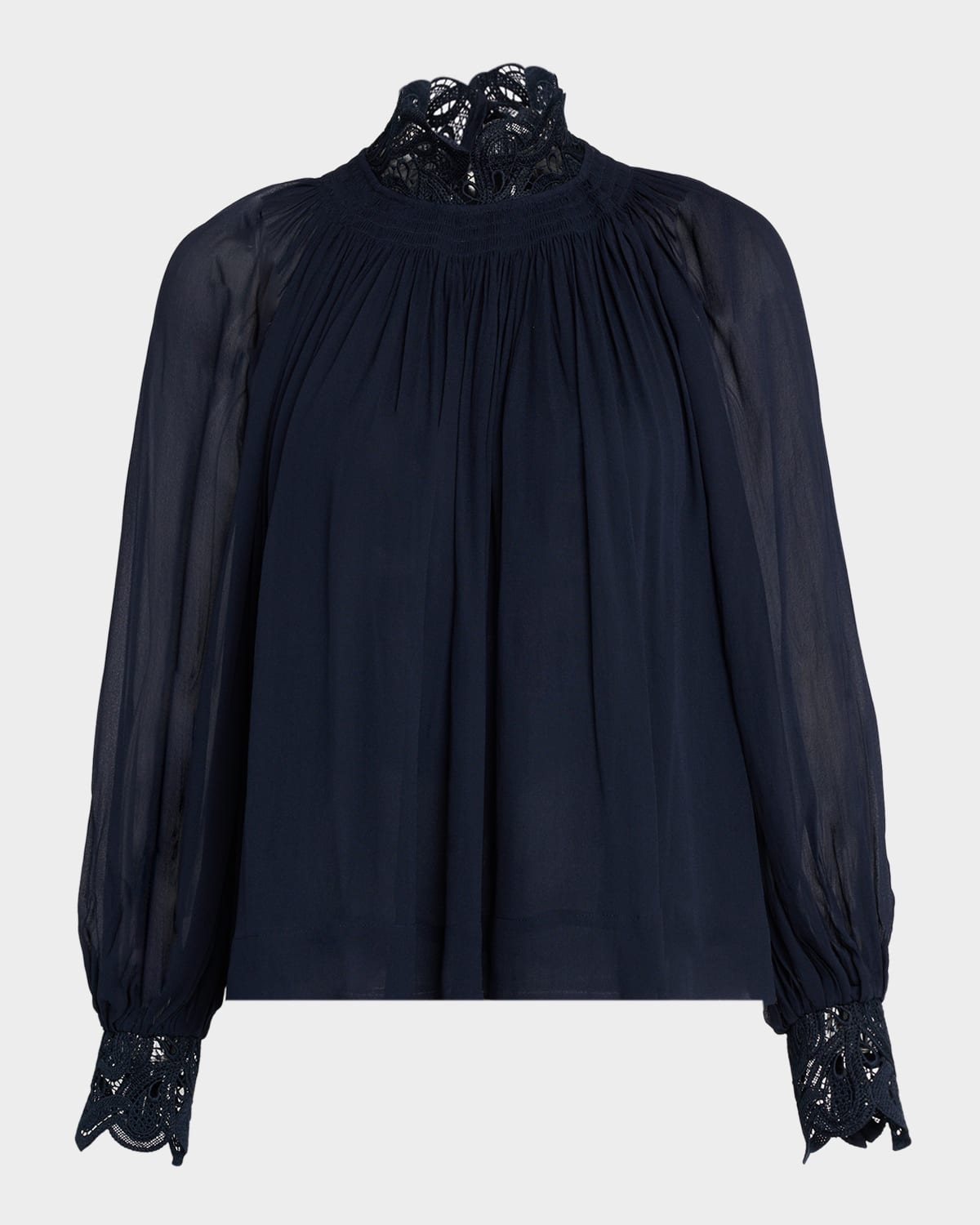 Reiss Czara Guipure Lace-trim Chiffon Blouse In Blue