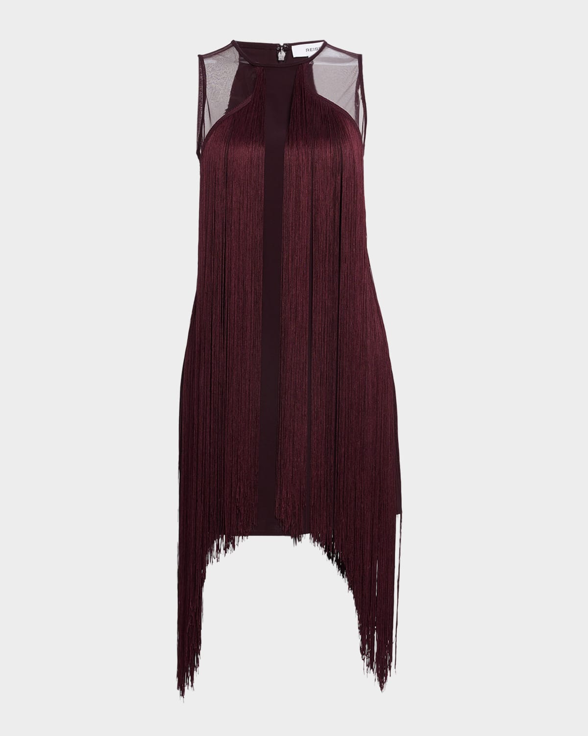 Reiss Farrow Fringe Sheer-panel Mini Dress In Burgundy