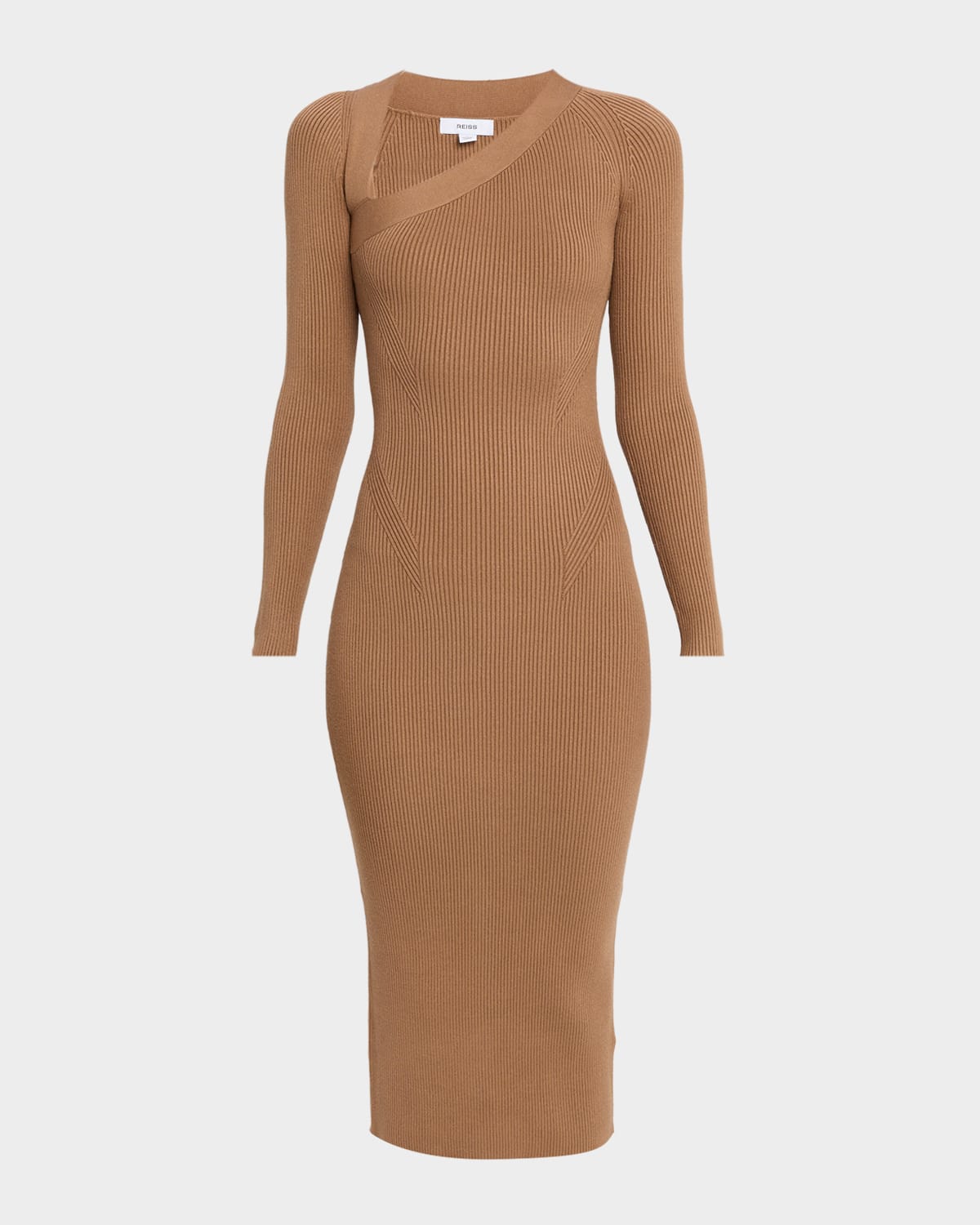Reiss Zeta Asymmetric-neck Rib-knit Midi Dress In Brown
