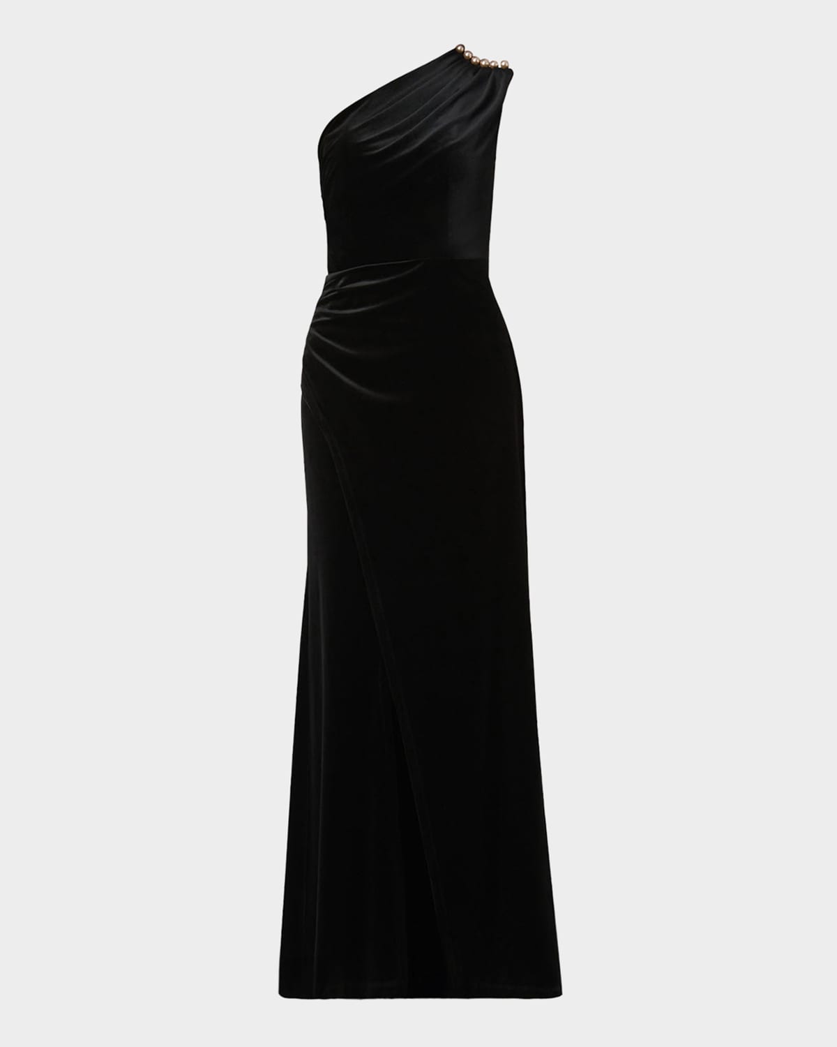 Shoshanna Ola Pleated One-shoulder Stretch Velvet Gown In Black